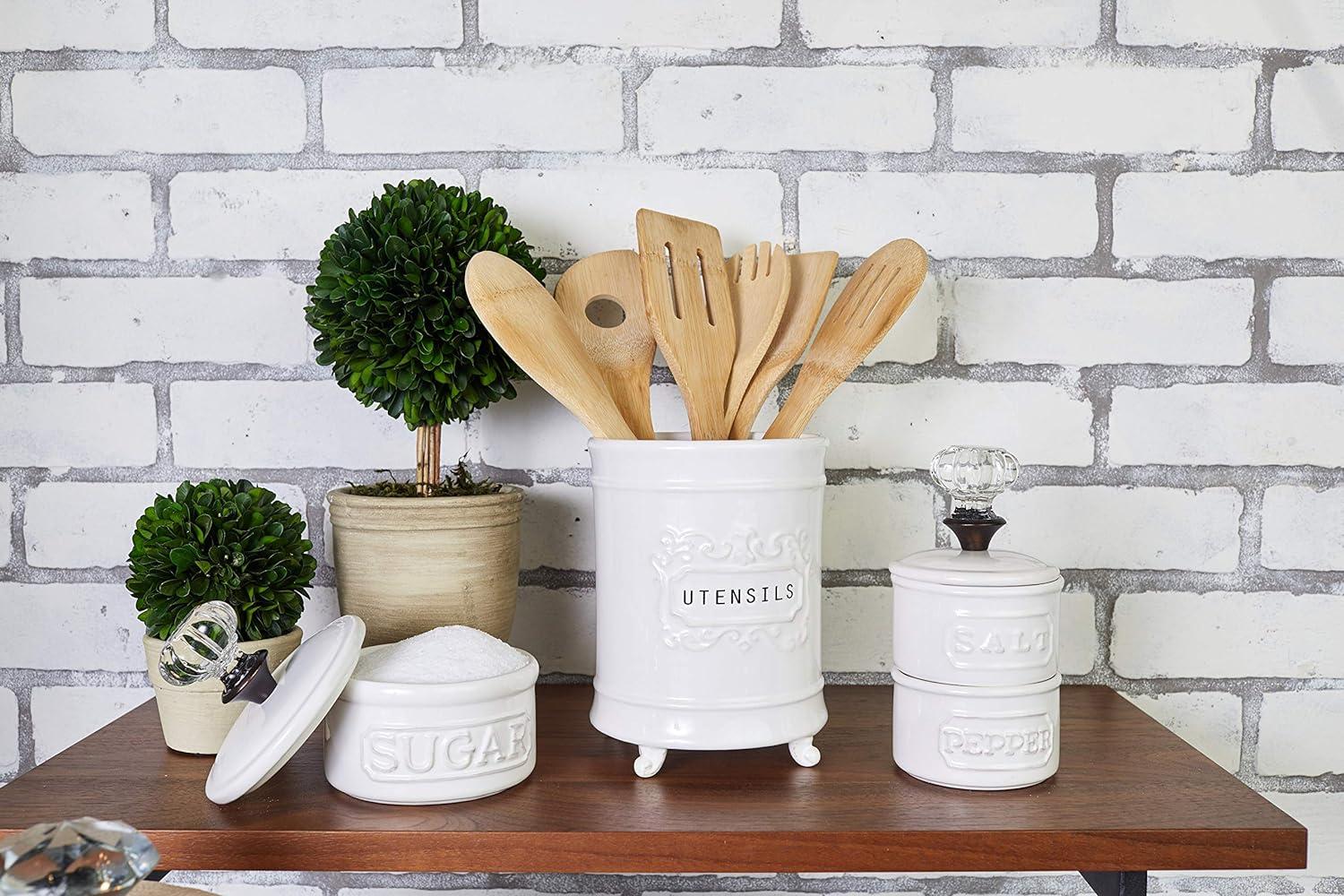 Vintage White Ceramic Utensil Holder with Footed Base