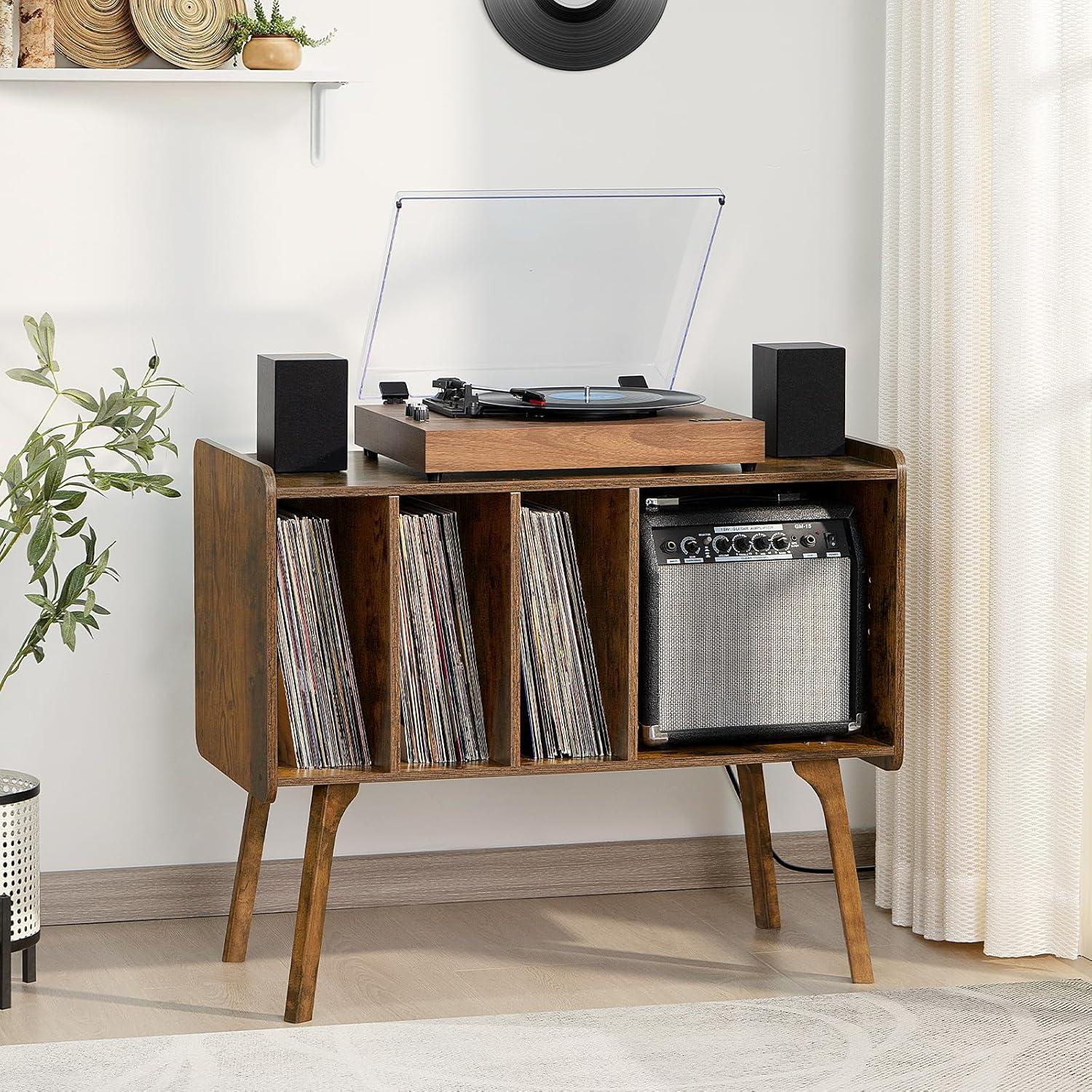 Brown Beech Wood Record Player Stand with Cabinet