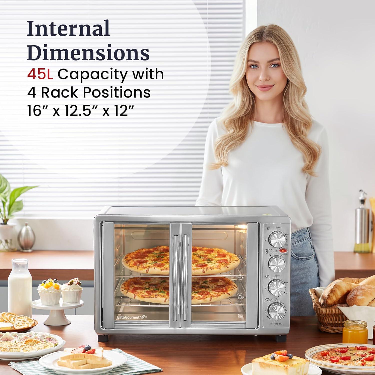 MODERN WALLS LLC French Door 47.5Qt, 18-Slice Convection Oven 4-Control Knobs, Bake Broil Toast Rotisserie Keep Warm, Includes Pizza Racks