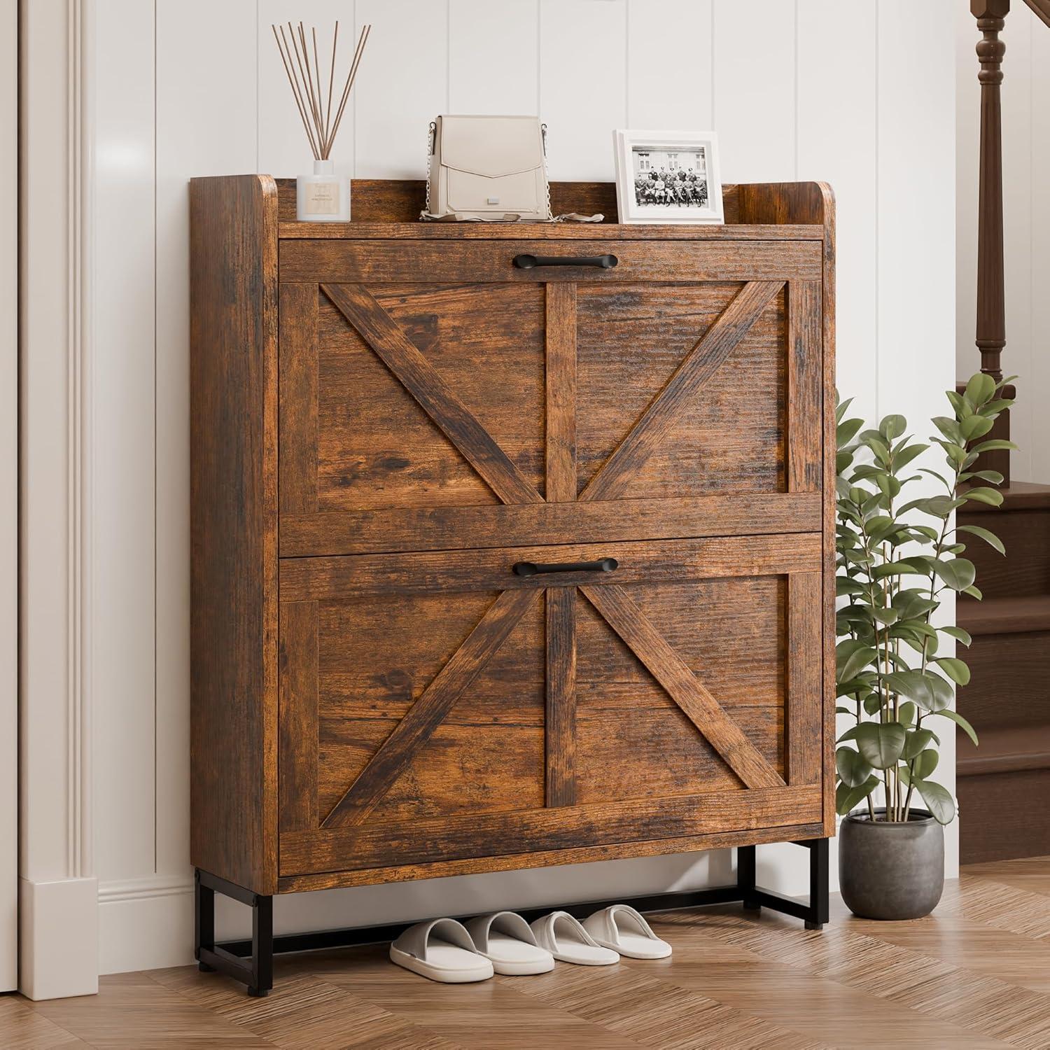 Clearance! BTMWAY Shoe Cabinet with 2 Flip Drawers, Narrow Shoe Storage Cabinet for Entryway, Freestanding Shoe Organizer with Metal Legs, Rustic Brown