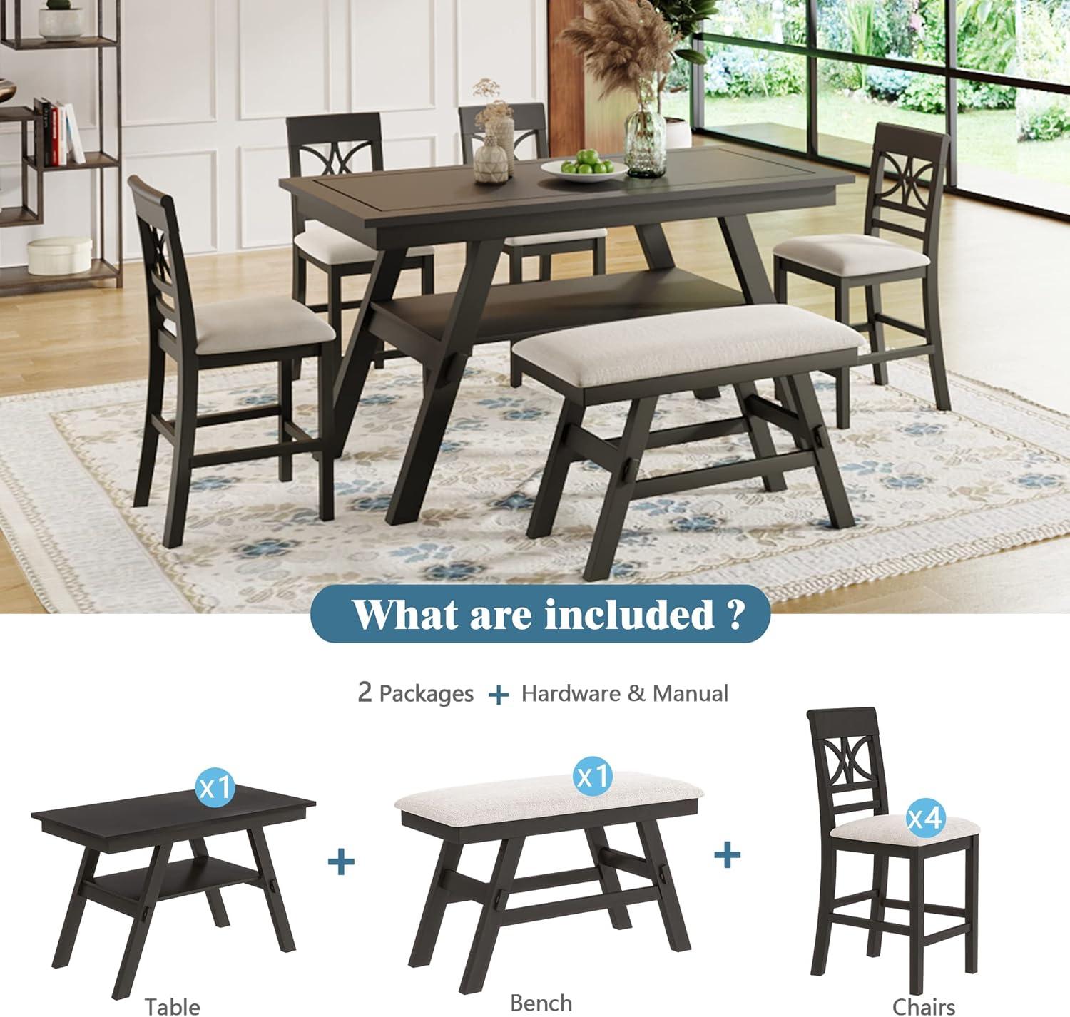 Espresso 6-Piece Counter Height Dining Set with Beige Cushions
