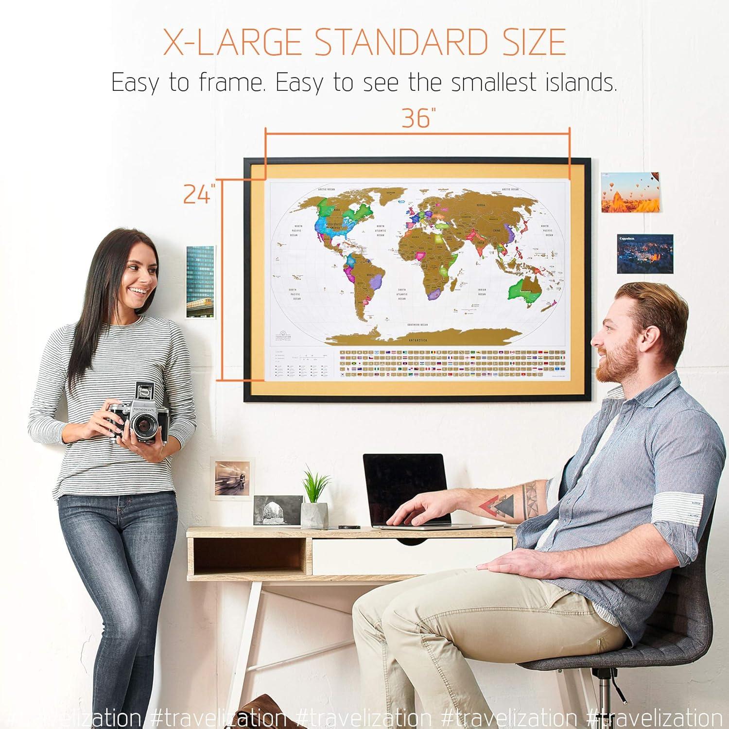 XL Scratch Off World Map with 196 Country Flags 36" x 24" Frameable Travel Map with Vibrant Colors and Premium Gold Coating, Beautiful Visited Places Tracker for Travelers, White