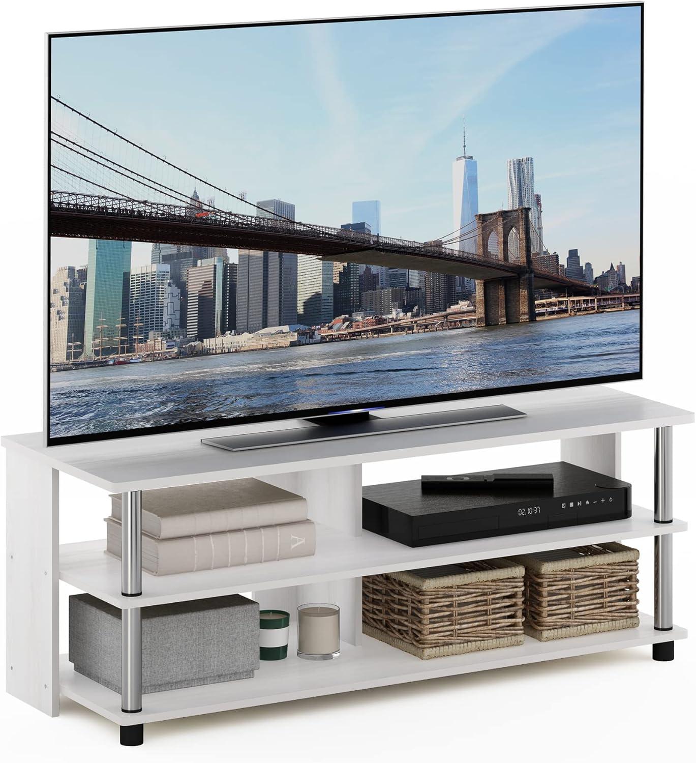 Furinno Sully 3-Tier TV Stand for TV up to 48, White Oak, Stainless Steel Tubes