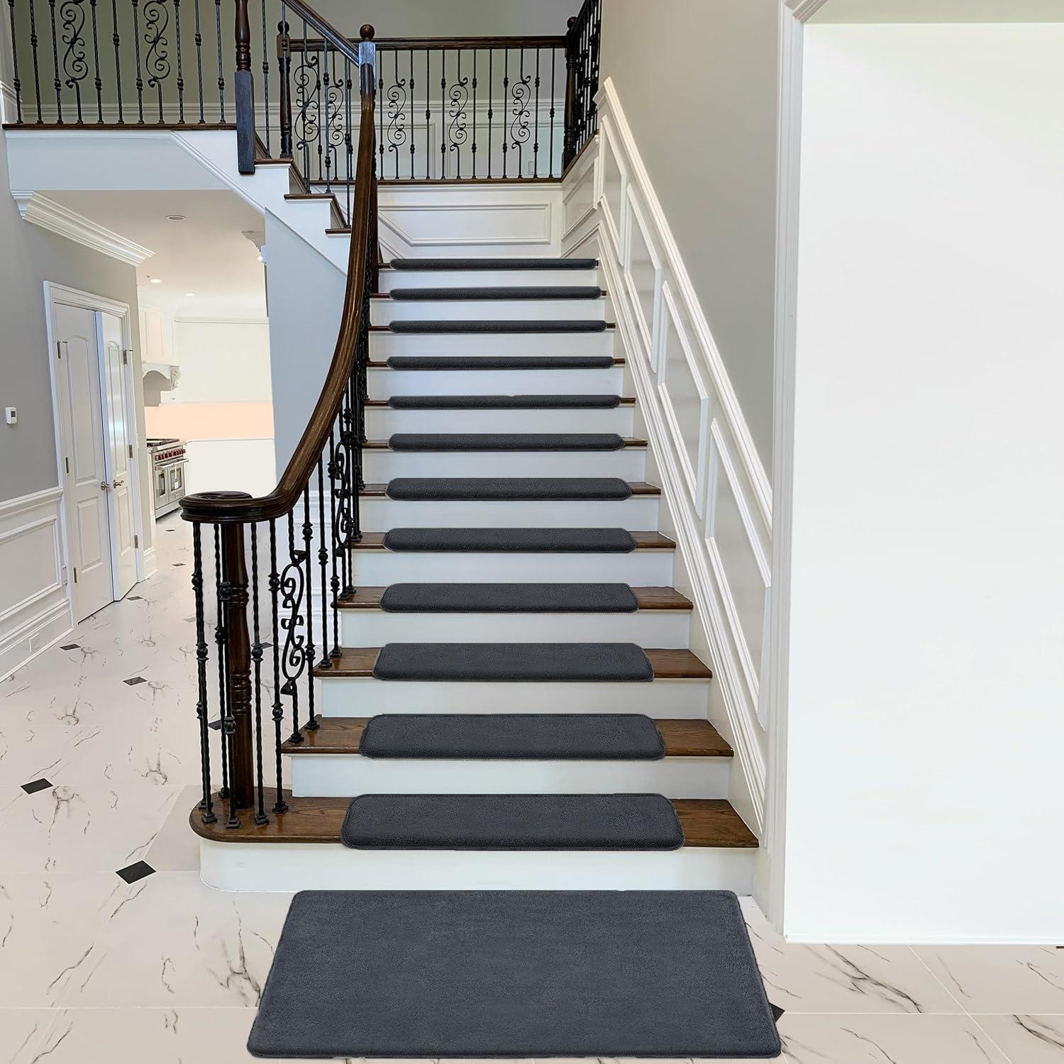 PURE ERA Non-Slip Ultra Plush Soft Bullnose Carpet Stair Treads Set of 14 Tape Free Washable Self Adhesive Dark Grey 9.5" x 30"x1.2"