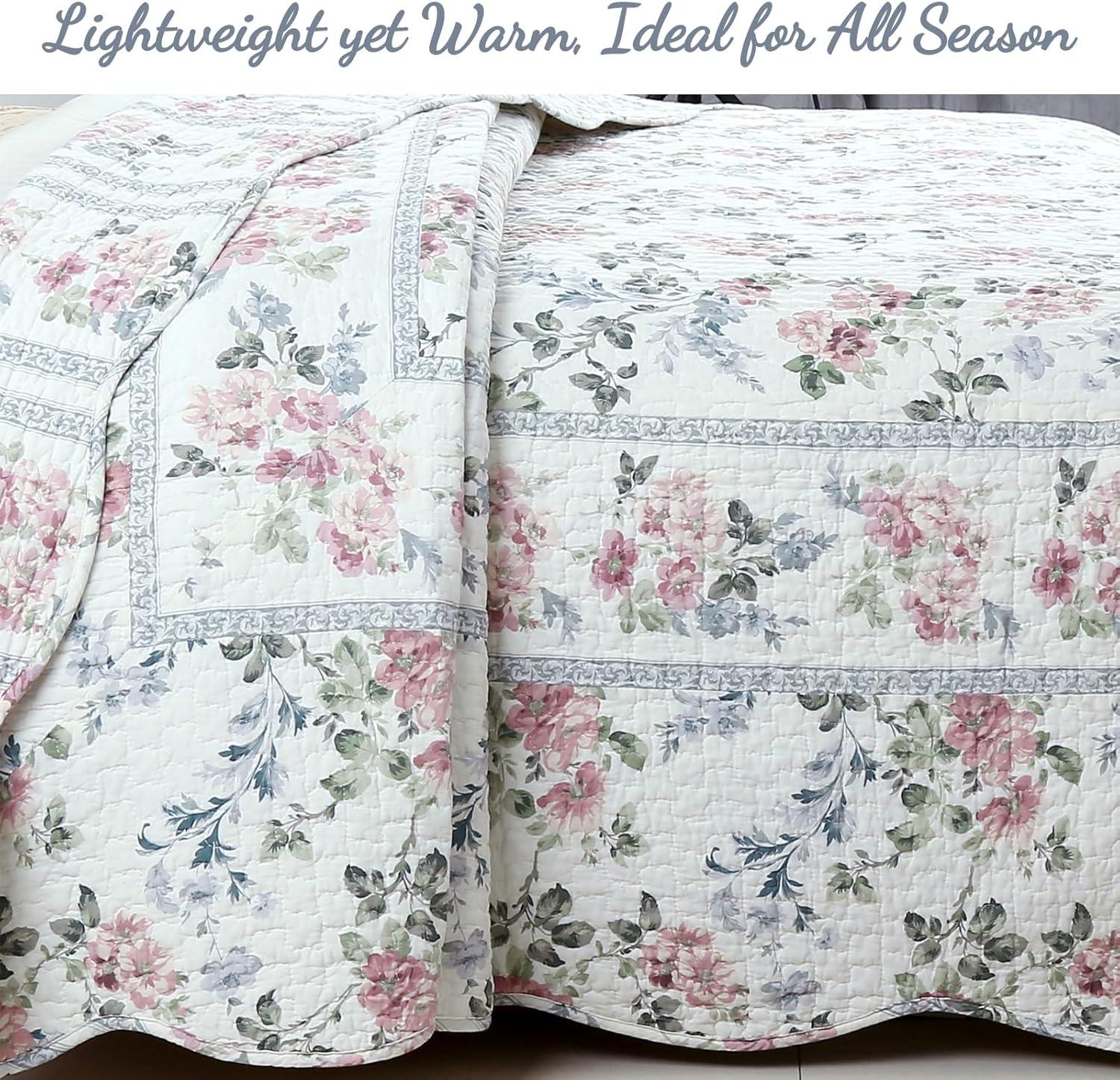 Blue Floral Cotton Reversible King Quilt Set