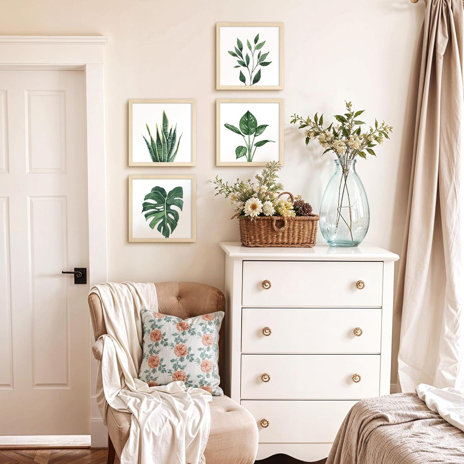 ArtbyHannah Canvas Wall Art Prints, Unframed Botanical Pictures Wall Decor, Sage Green Leaf Plant Poster for Bedroom Decorations & Gift (10x10 Inch, 4 Pack)