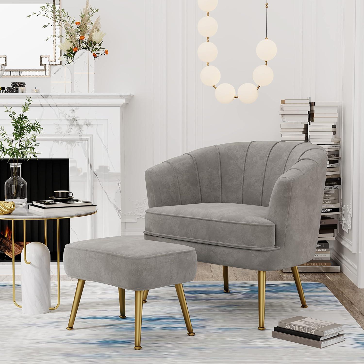 Gray Velvet Barrel Accent Chair with Ottoman and Gold Legs