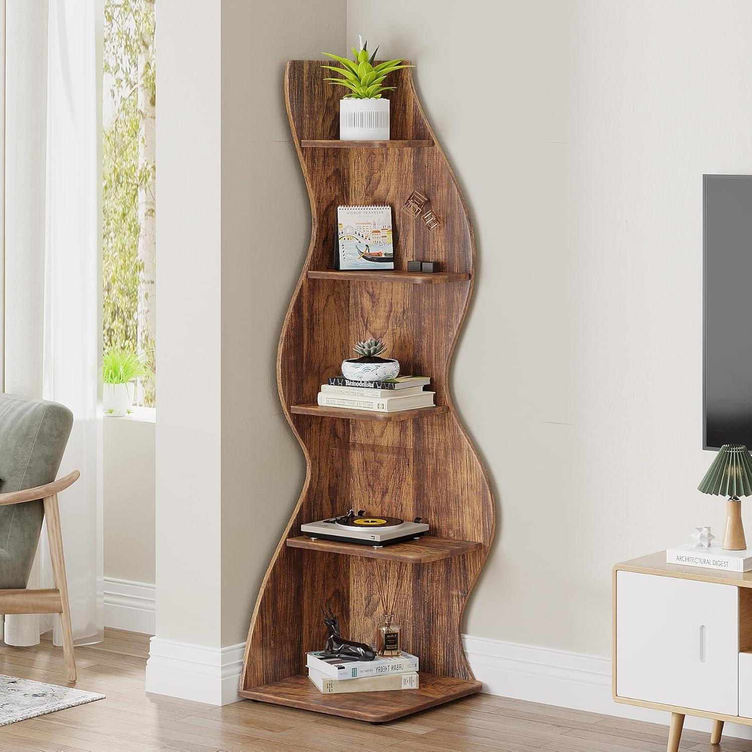 Arhab Brown 5-Tier Wave Corner Bookcase