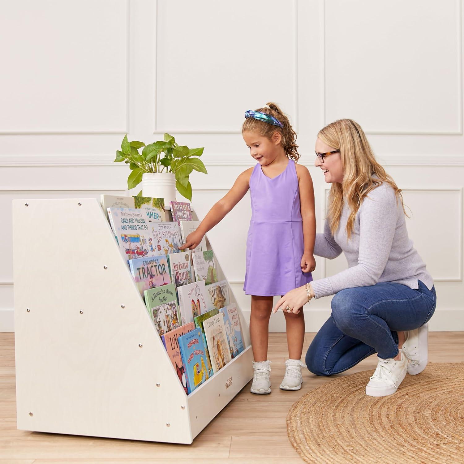 ECR4Kids Double-Sided Mobile Book Display with Storage, White Wash