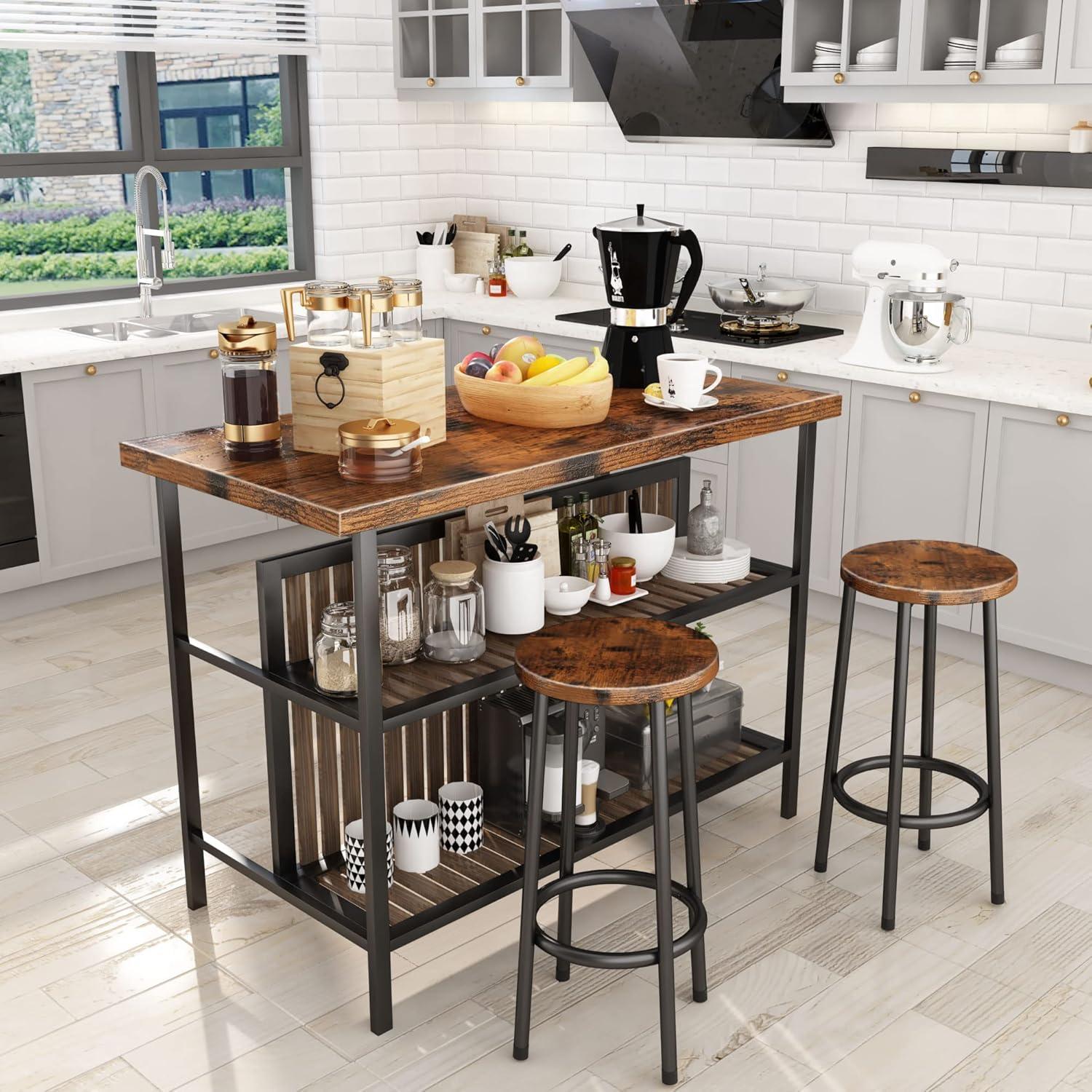 DKLGG Kitchen Island with Storage, 3 Piece Dining Table Set with 2 Tier Storage Shelves, Bar Table with Barstool, Sturdy Island Table with Chairs for Restaurant, Living Room