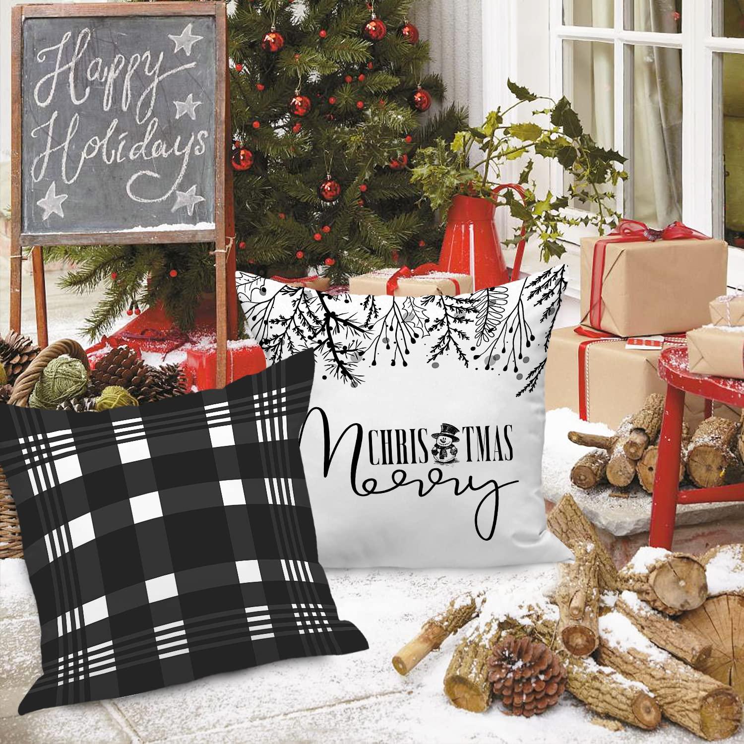 Lanpn Hello Winter Merry Christmas Throw Pillow Covers 18x18 Set of 4, Decorative Black and White 18 inch Xmas Holiday Cushion Pillow Cases Home Outside Porch Decor Decorations