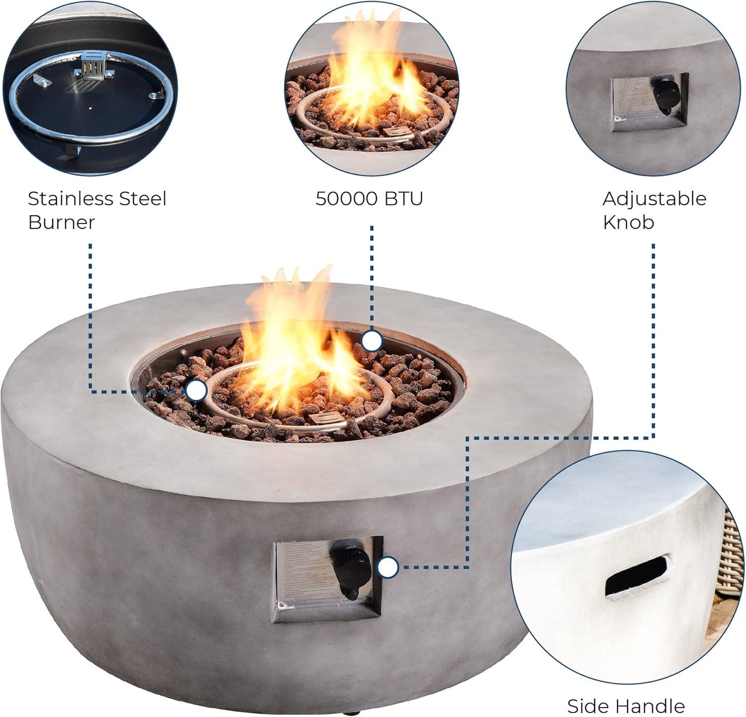 Modern 36" Outdoor Bowl Round Propane Gas Fire Pit with Concrete Base - Teamson Home: Electronic Ignition, 50K BTU, Includes PVC Cover