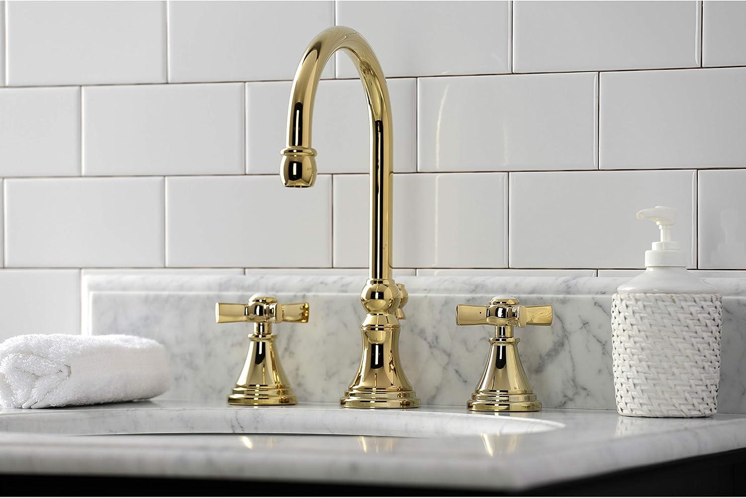 Kingston Brass Millennium Two-Handle 3-Hole Deck Mount Widespread Bathroom Faucet with Brass Pop-Up Drain