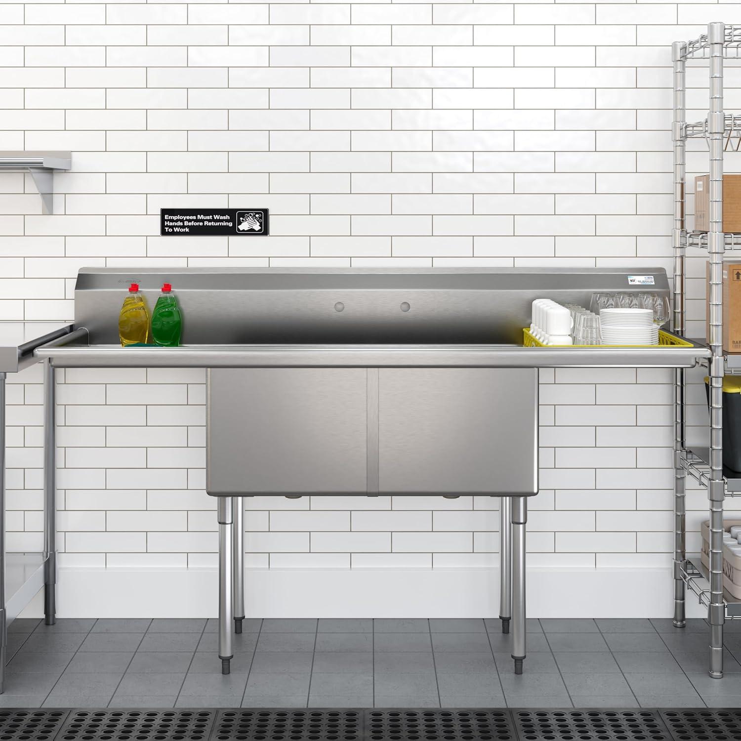 72 in. 16-Gauge Commercial Sink with Backsplash and Dual 18 in. Drainboards, Bowl Dimensions 18"x18"x14" in Stainless-Steel (KM-SB181814-18B316)
