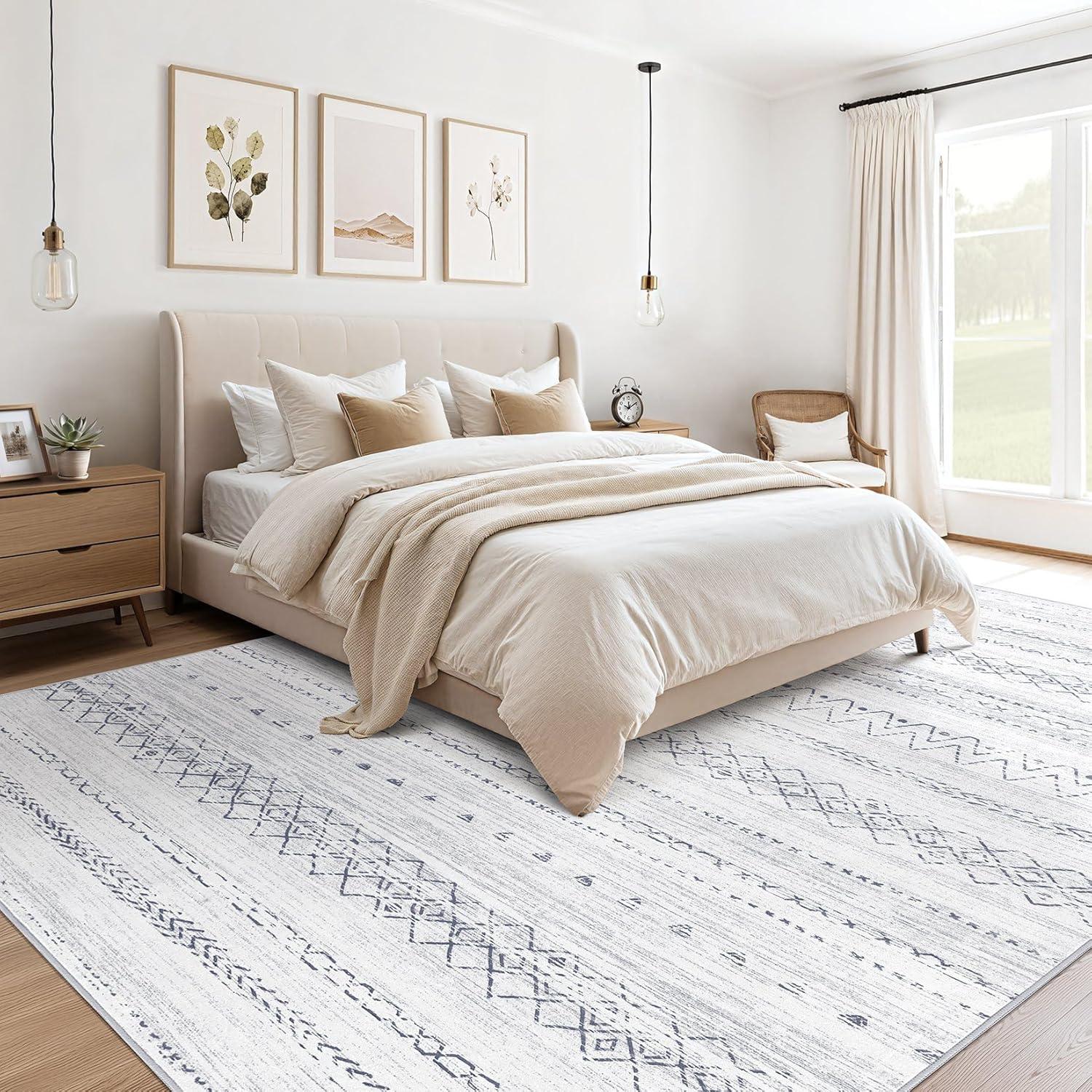 Large Living Room Area Rug 9x12: Soft Machine Washable Boho Moroccan Farmhouse Rugs for Bedroom Under Dining Table - Non-Slip Neutral Morden Indoor Floor Rug Carpet for Home Office Decor - Grey