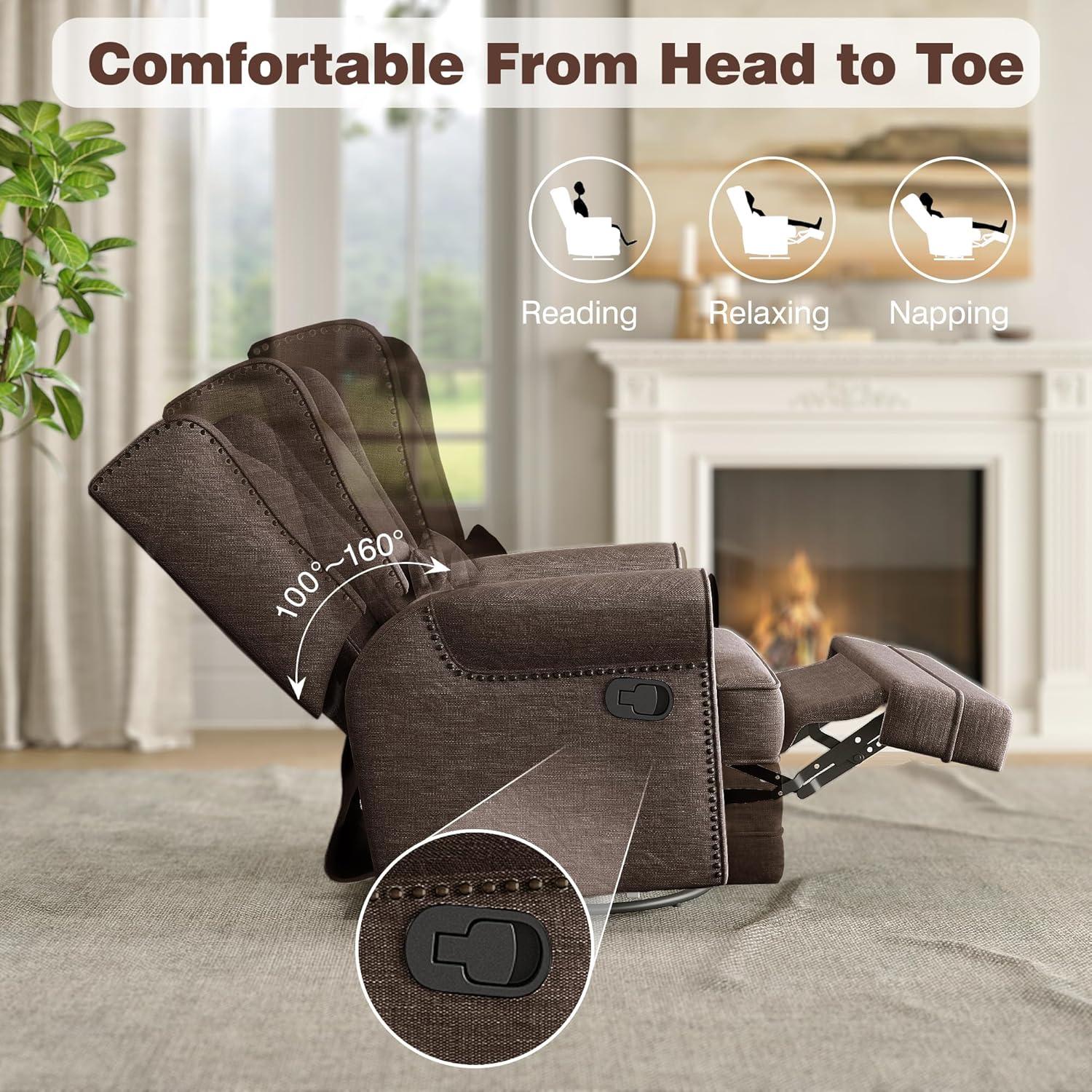 RoyalCraft Swivel Recliner Chair, Comfy Glider Rocking Chairs with Lumbar Pillow and Footrest, Upholstered Swivel Rocking Chair for Bedroom,Nursery,Brown