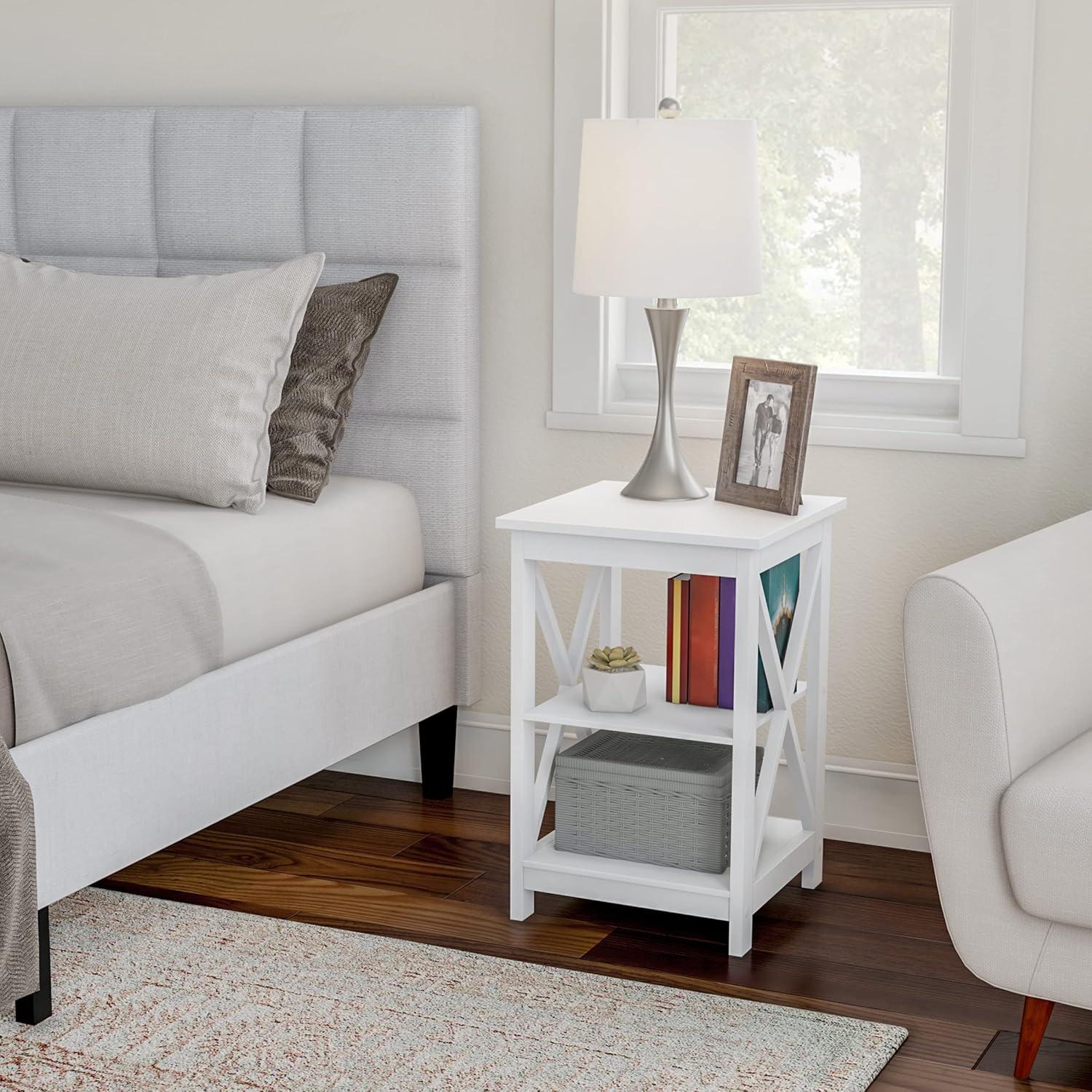 Lavish Home End Table with 2 Shelves and X-Leg Design, White