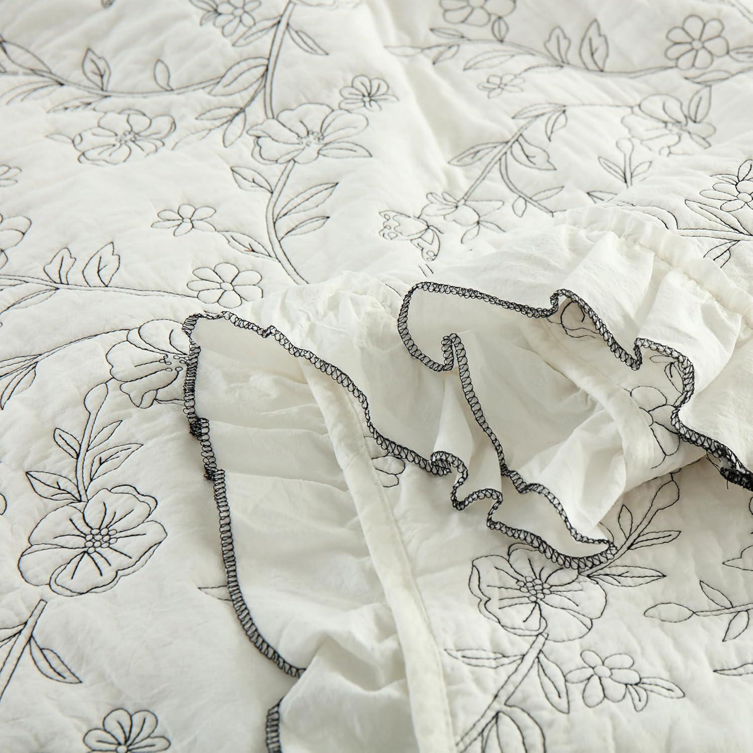 Queen Size White Cotton Floral Embroidered Bedspread Set