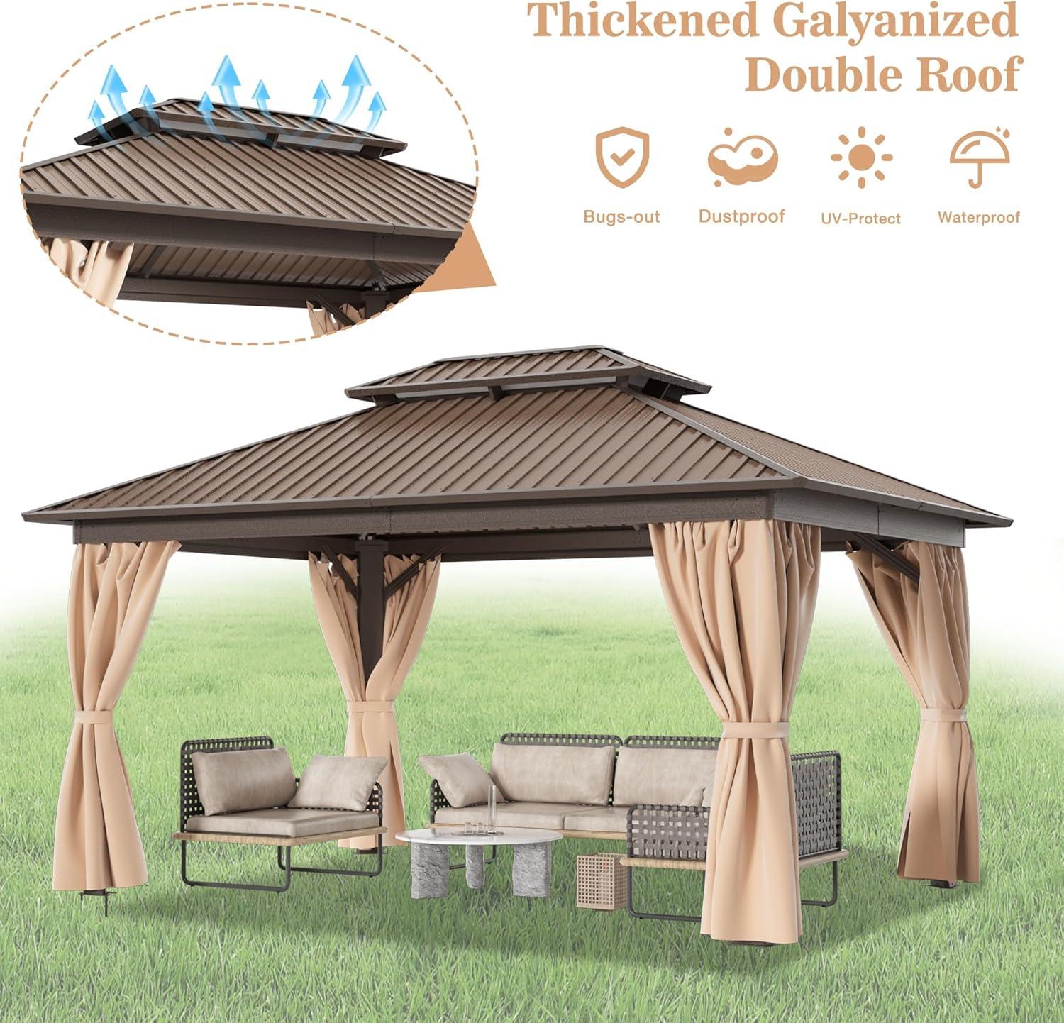 10' x 14' Hardtop Gazebo Galvanized Outdoor Gazebo Canopy Double Vented Roof Pergolas Aluminum Frame with Netting and Curtains