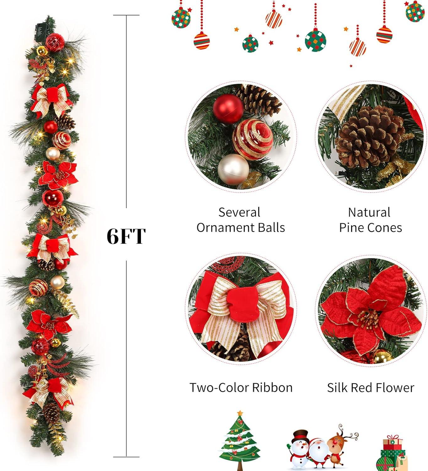 LaxMax Christmas Lighted Garland, Red and Gold Theme 6FT 20LED Pre-Lit Christmas Garland with Ball Ornaments, Flowers, Ribbons, Pine Cones and Berries for Door Stairs Mantle Christmas Decoration O1