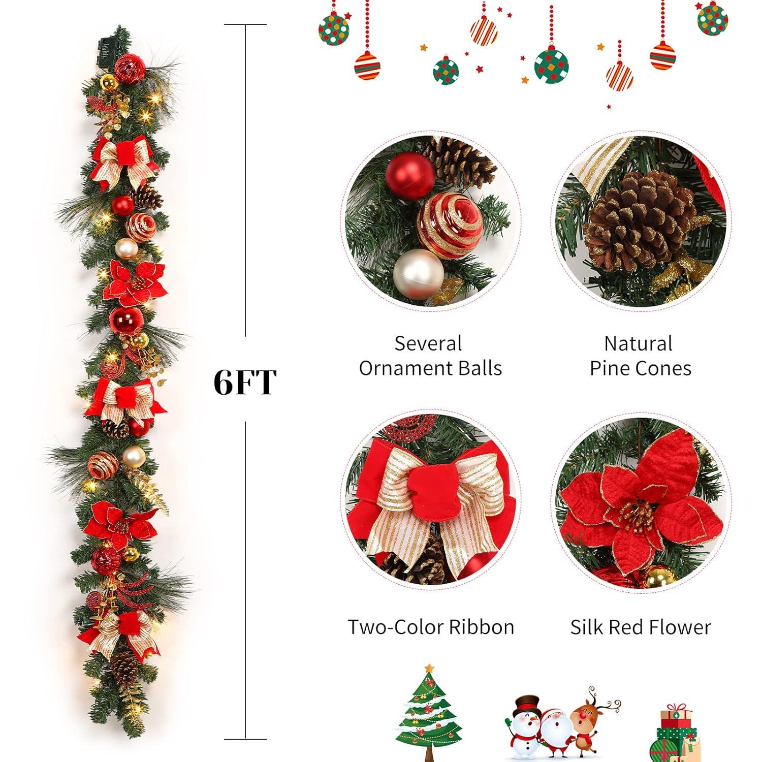LaxMax Christmas Lighted Garland, Red and Gold Theme 6FT 20LED Pre-Lit Christmas Garland with Ball Ornaments, Flowers, Ribbons, Pine Cones and Berries for Door Stairs Mantle Christmas Decoration O1