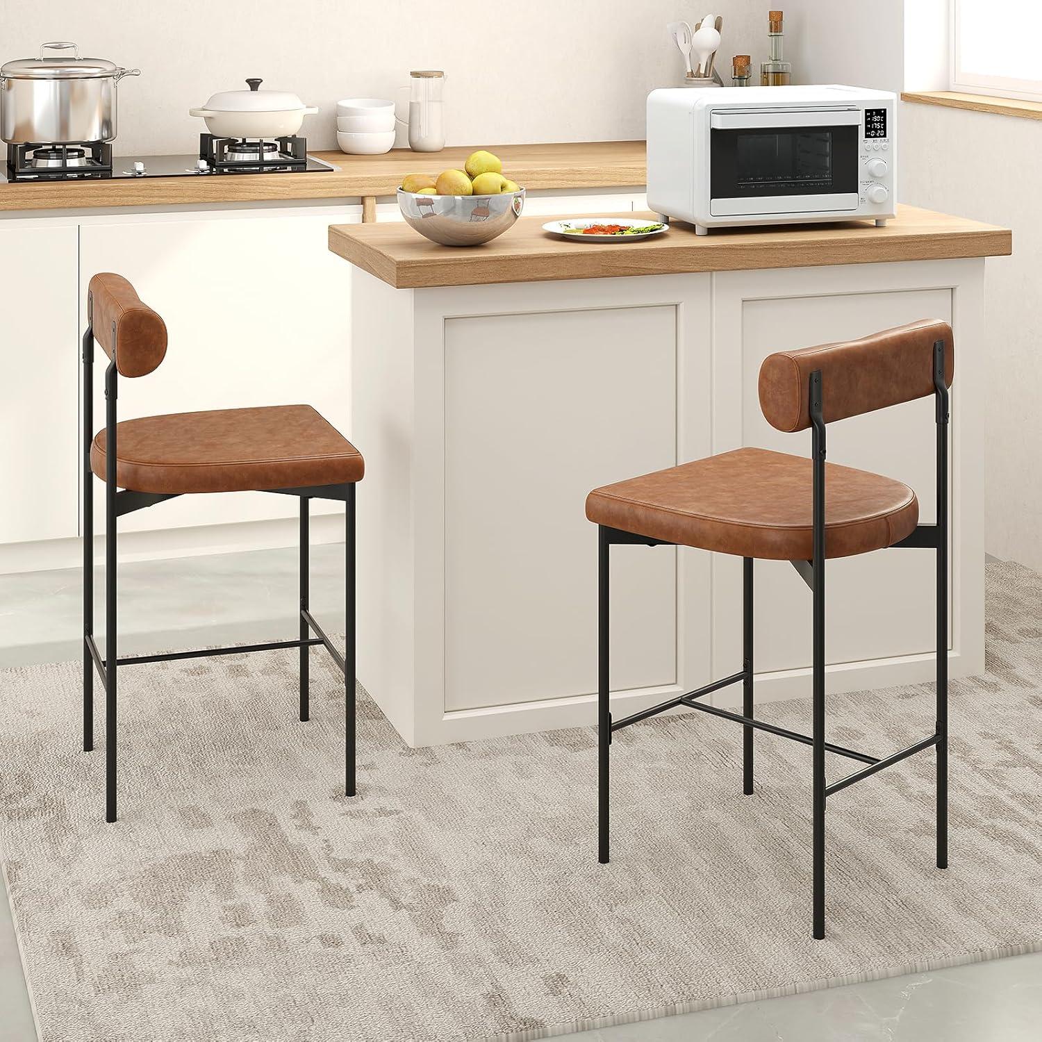 Brown Faux Leather and Metal Counter Stools, Set of 2
