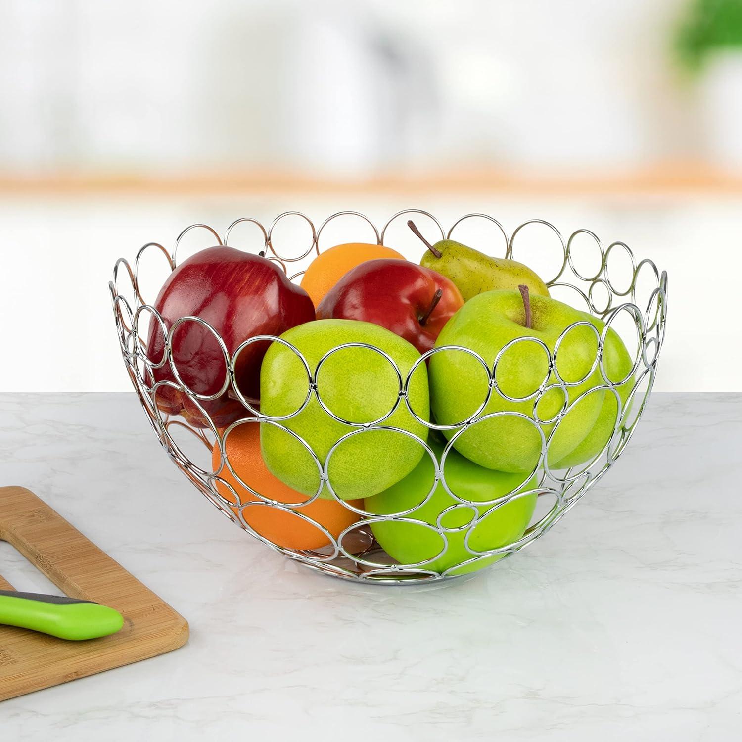 Chrome Round Metal Wire Fruit Bowl with Circular Design