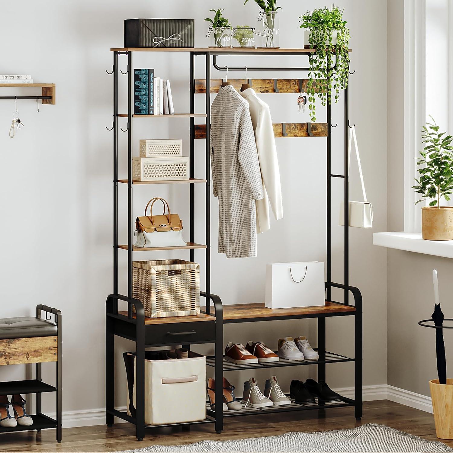 Hall Tree, Coat Rack With 3-Tier Storage Bench And 1 Drawer, 5-In-1 Entryway Bench With 17 Hooks, 1 Hanging Rod, 4-Tier Side Shelves, (Rustic Brown)