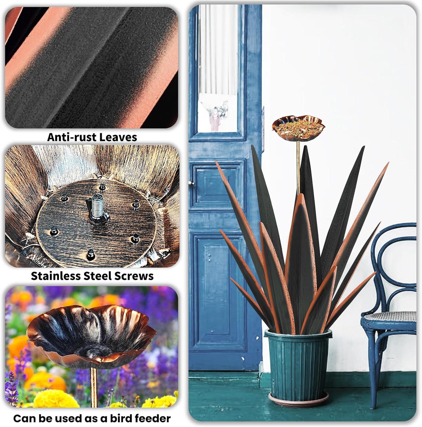 Large Tequila Rustic Sculpture, Rustic Metal Agave Plants for Outdoor Patio Yard, Home Decor Hand Painted Metal Agave Garden Yard Statue, Outdoor Lawn Ornaments (Black - L (W/Solar Light))