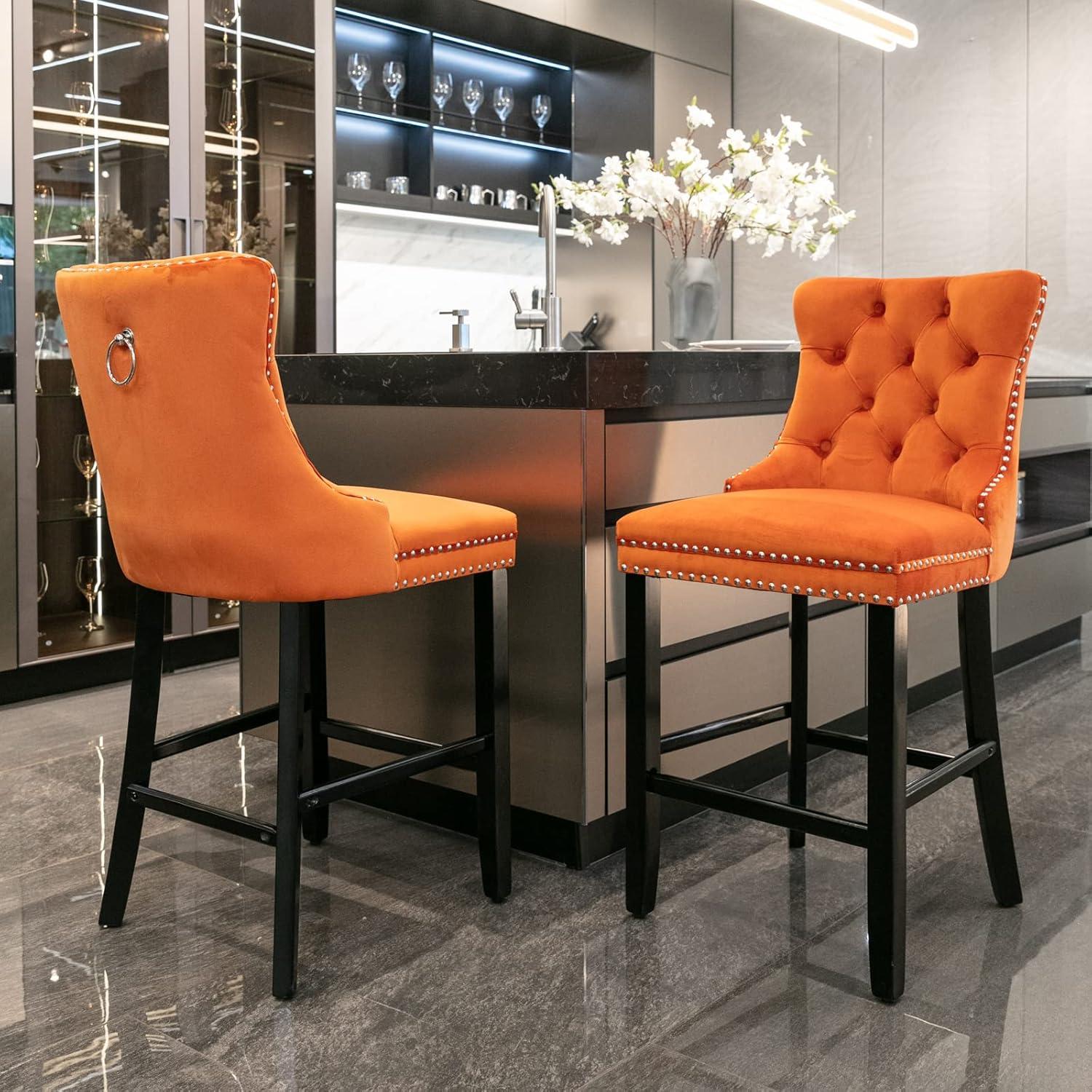 Aoowow Velvet Upholstered Counter Height Bar Stools Set of 2, Counterstool Seat Height 27.2", Wingback Armless Bar Chairs Button Tufted with Solid Wood Legs for Kitchen Island Bar Area (Orange)
