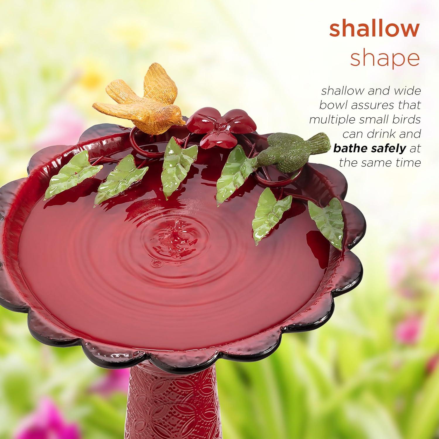 28" Metal Birdbath With Birds And Leaves - Red - Alpine Corporation