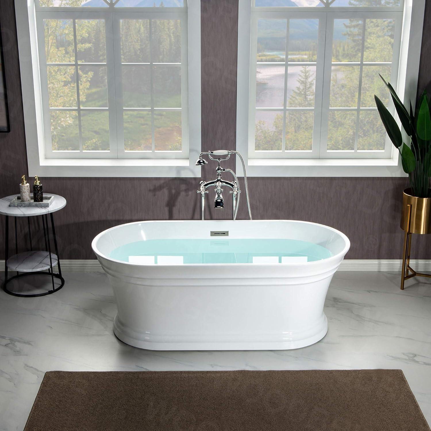 Woodbridge 59'' Freestanding White Acrylic Soaking Bathtub with Brushed Nickel Drain