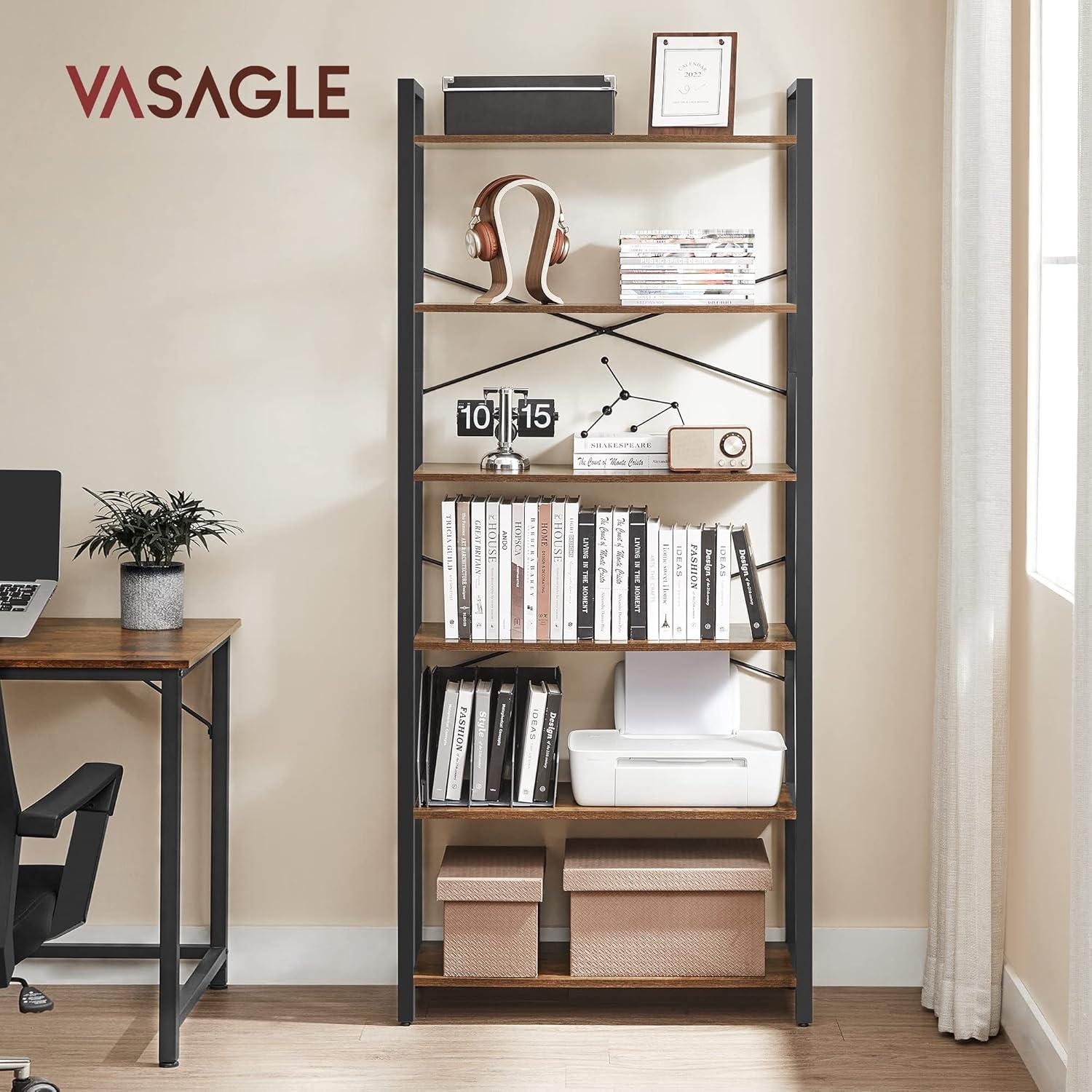 VASAGLE 6-Tier Bookshelf, Bookcase with Steel Frame, Book Shelf for Living Room, Home Office, Study, 11.8 x 31.5 x 73.2 Inches, Industrial Style, Rustic Brown and Ink Black ULLS082B01