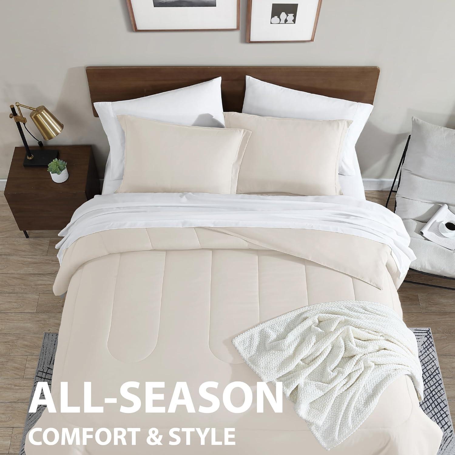 Cathay Home Basic Bedding Home Essential Ultra Soft Lightweight 8PC Wrinkle Resistant Microfiber Bed in a Bag Set (Includes Complete Sheet Set, Comforter Set & Bedskirt) - Twin, Coconut Milk