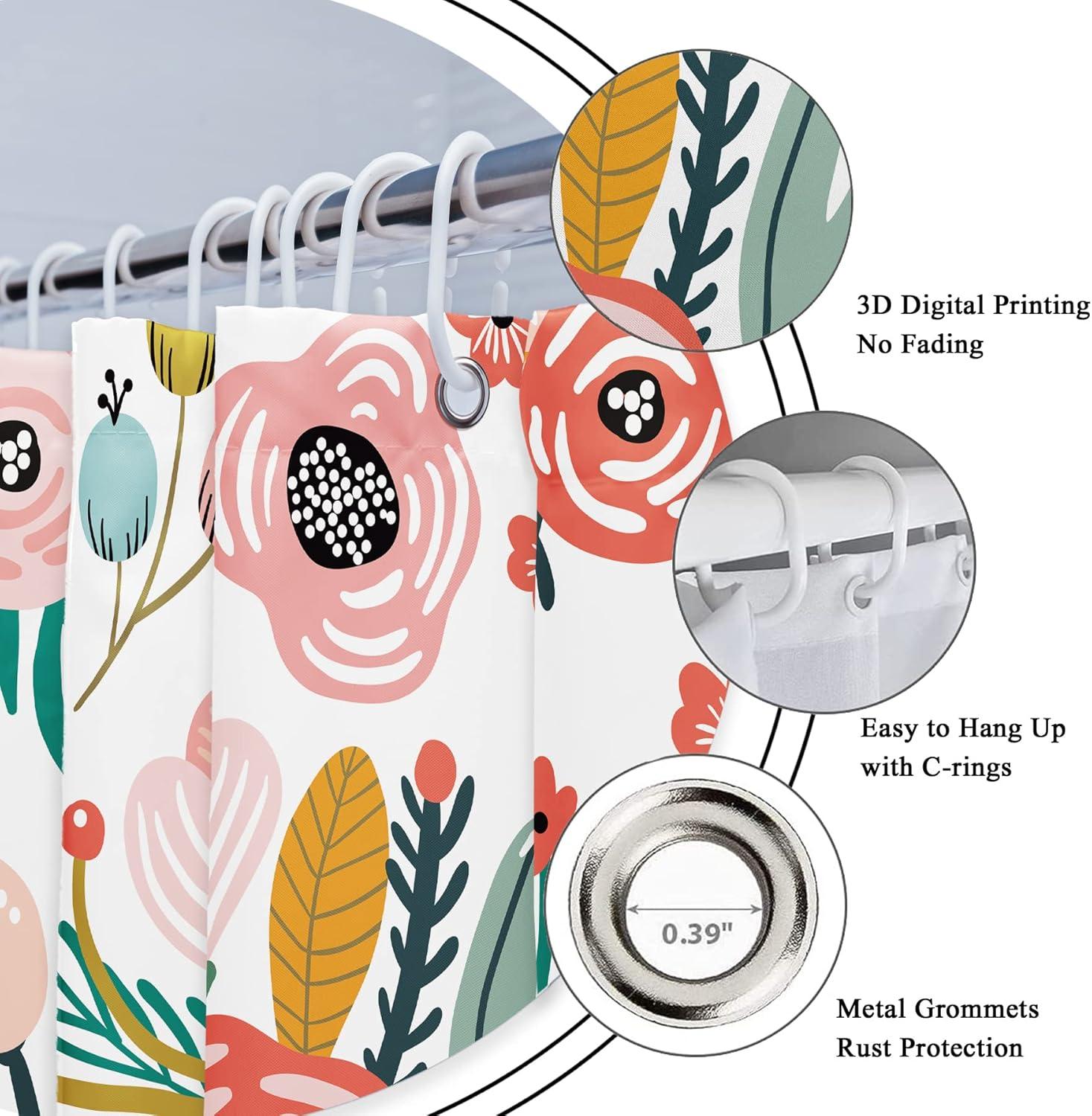 Red Barrel Studio® Pink Floral Shower Curtain For Bathroom Decor 72Wx72h Watercolor Colorful Flower Tropical Leaves Spring Botanical Sage Green Art Printed Fabric Polyester Waterproof 12 Pack Plastic Hooks