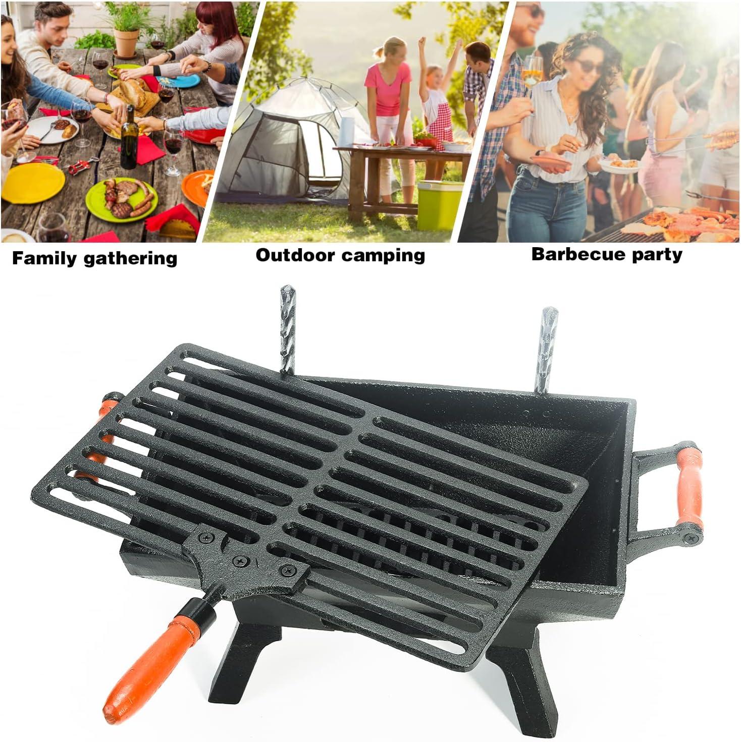 Small Black Cast Iron Portable Hibachi Grill with Red Handles