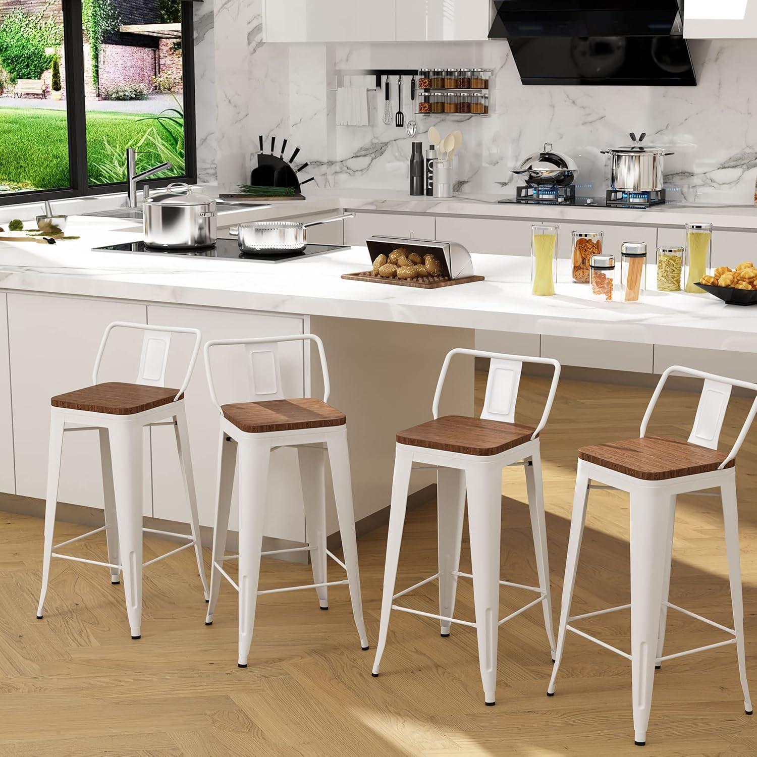 Cream White and Wood Saddle Style Swivel Bar Stools