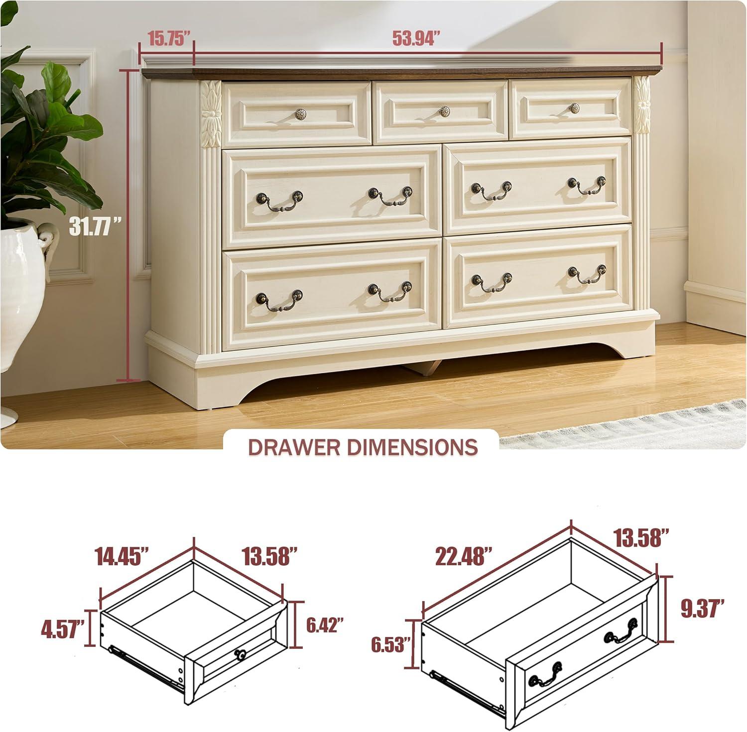 Aukfa Farmhouse 7 Drawers Dresser for Bedroom,Chest of 7 Drawers, Antique White