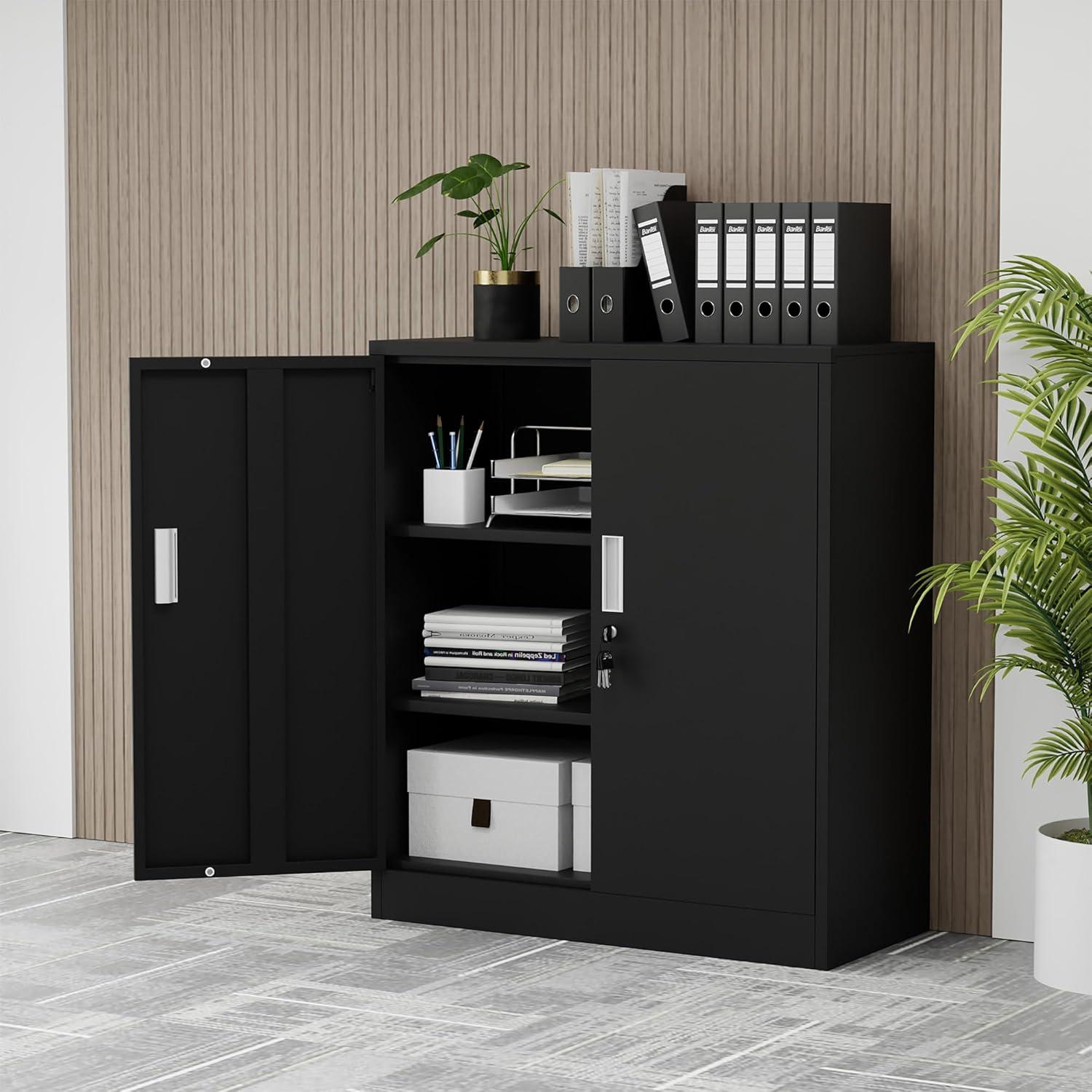 Metal Storage Cabinets with Shelves and Doors, Steel Locking Storage Cabinet for Home Office, Garage, Utility Room and Basement, 36.2" H x 31.5" W x 15.7" D (Black)