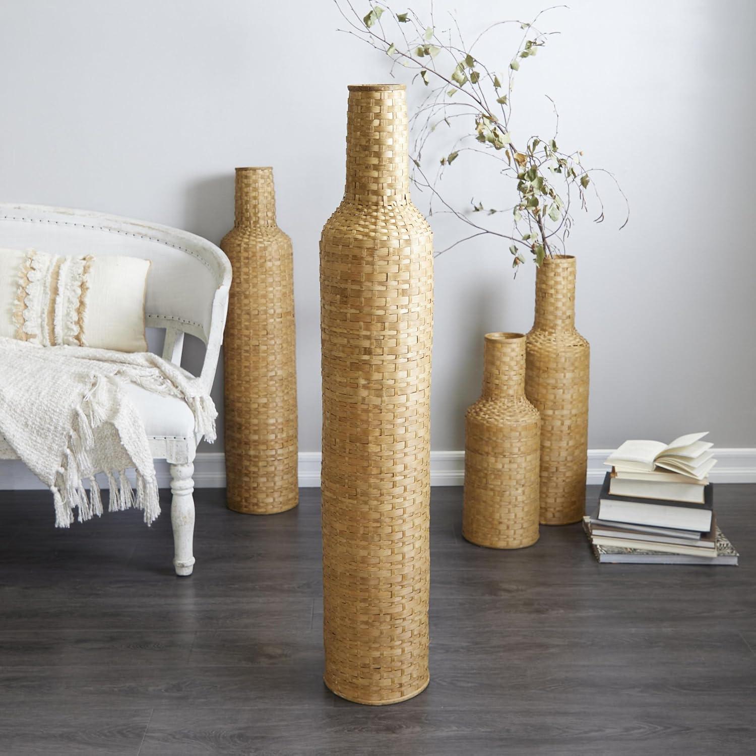Studio 350 Intricately Woven Tall Bamboo Wood Floor Vase - White or Brown Brown - 9"W, 39"H