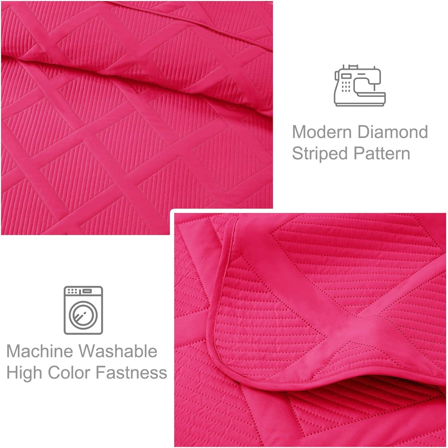 Exclusivo Mezcla Ultrasonic Twin Quilt Set, 2-Piece Lightweight Bedspreads Modern Striped Coverlet, Hot Pink