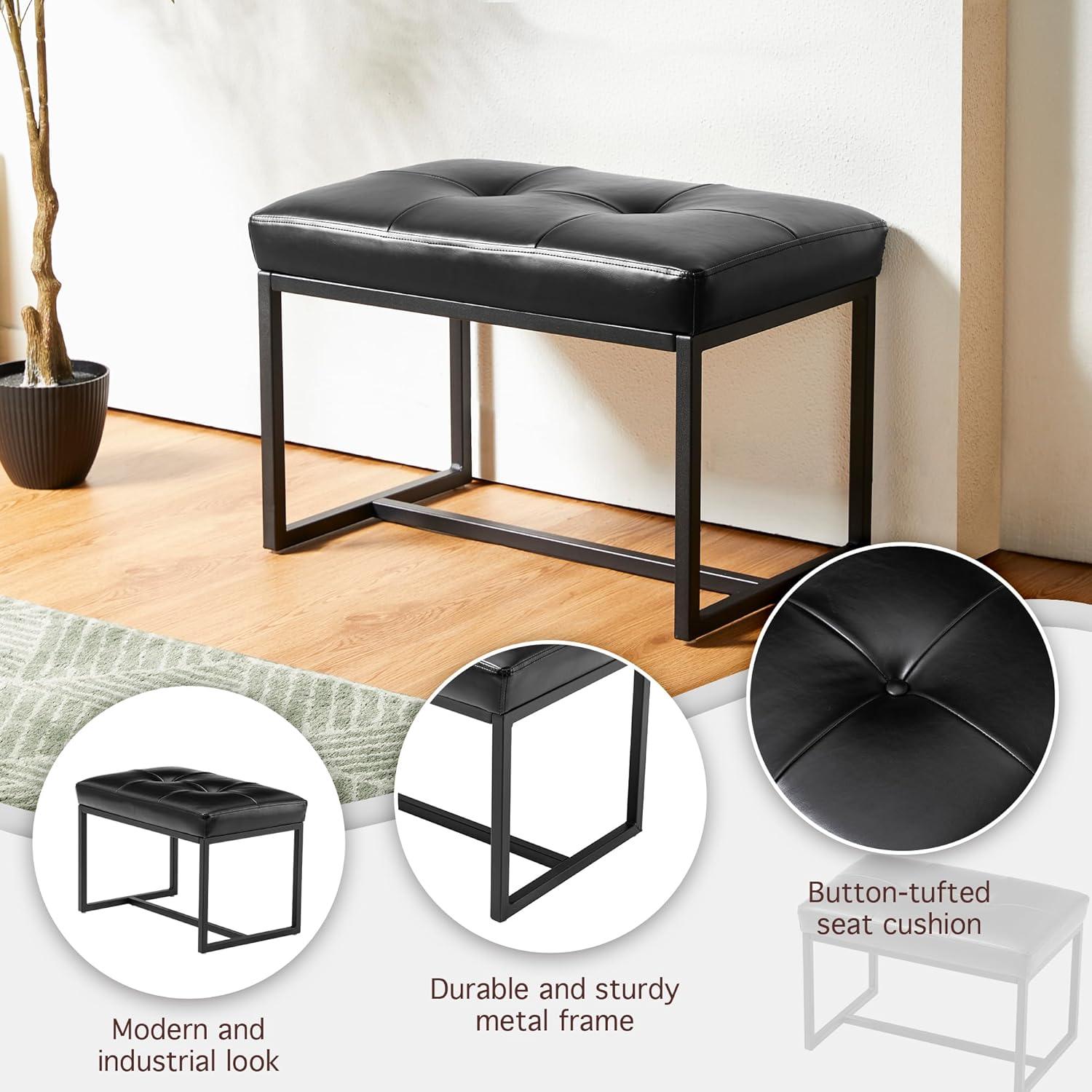 Modern Black Faux Leather Tufted Ottoman with Metal Frame