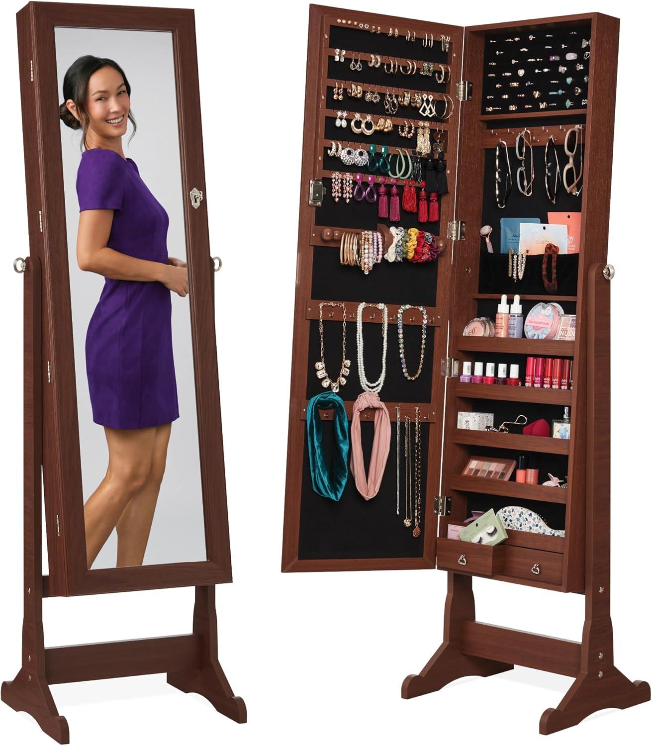 Best Choice Products Jewelry Armoire Cabinet, Full Length Mirror w/ Velvet Storage Interior, Lock