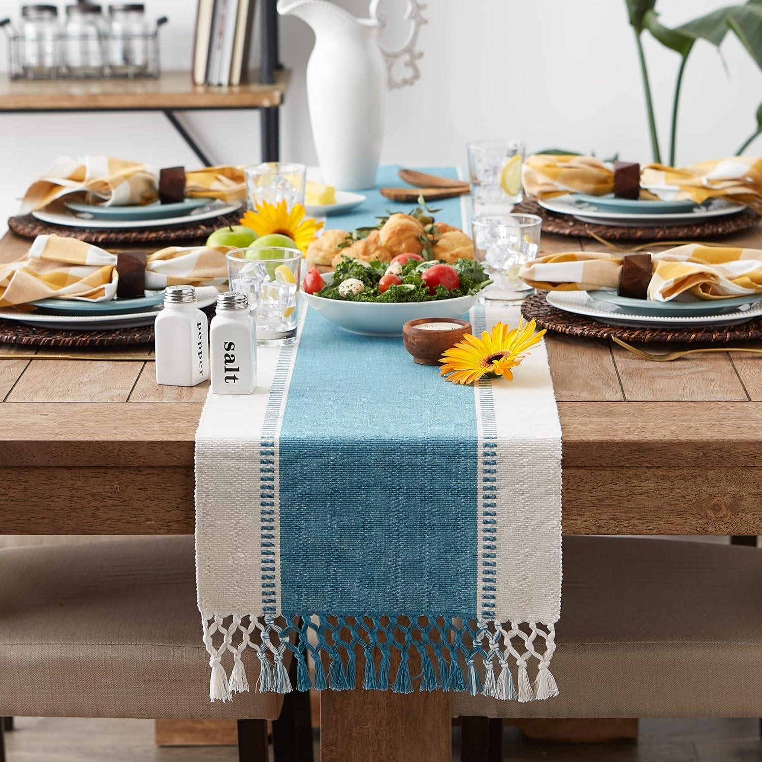 Storm Blue Dobby Stripe Ribbed Table Runner 13x72
