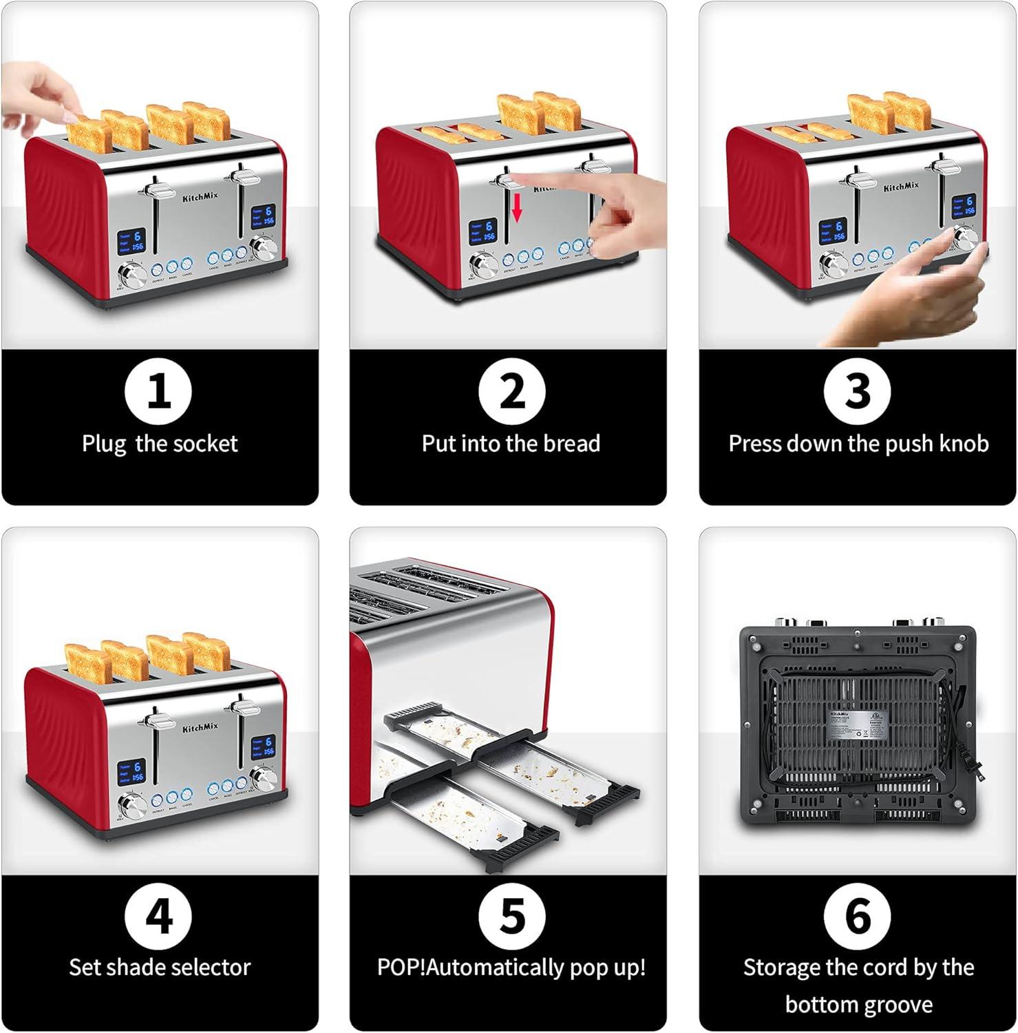 Toaster 4 Slice, KitchMix Bagel Stainless Toaster with LCD Timer, Extra Wide Slots, Dual Screen, Removal Crumb Tray (Red)