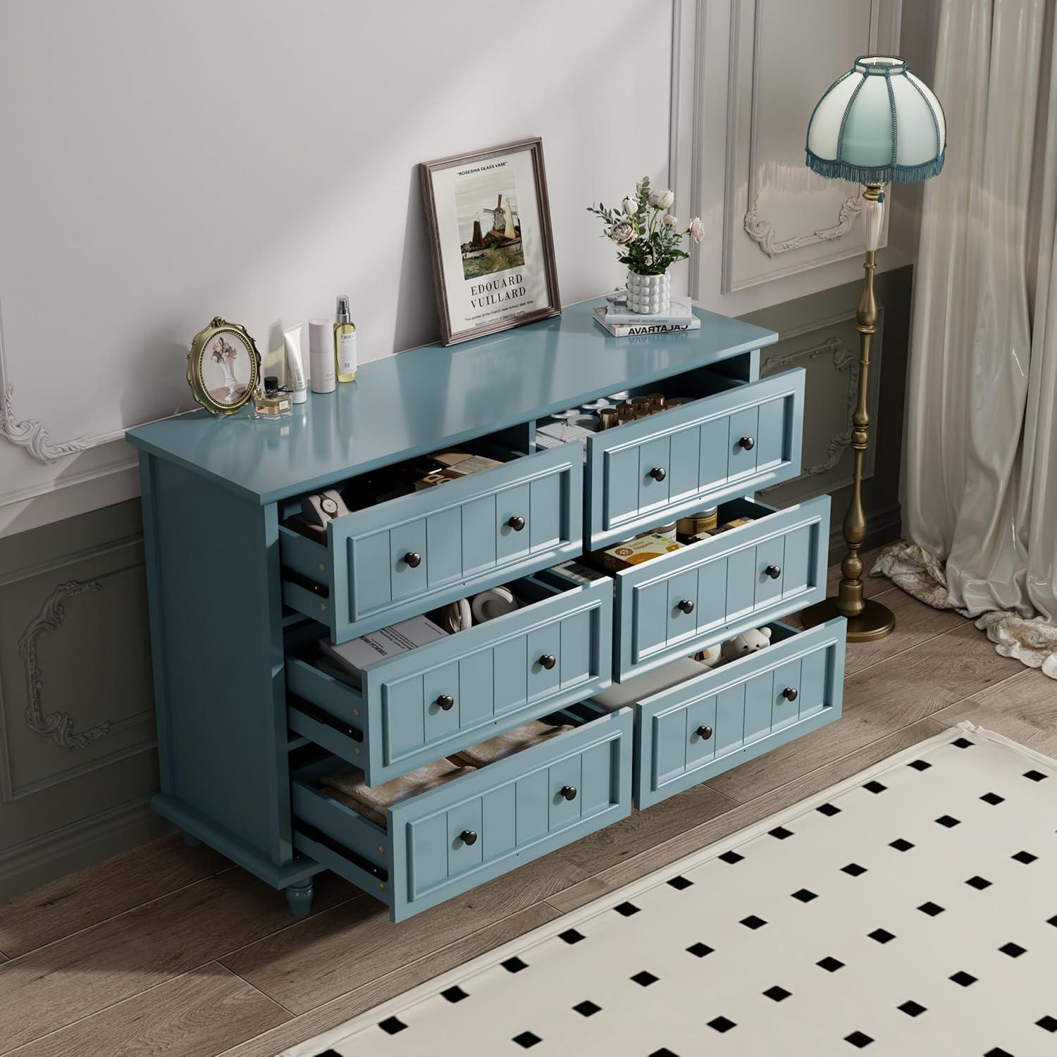 Scurrty 6 Drawer Dresser, Antique Chest of Drawers, Large Cabinet with Storage, Big Dresser for Clothes in Living Room, Bedroom (Blue)