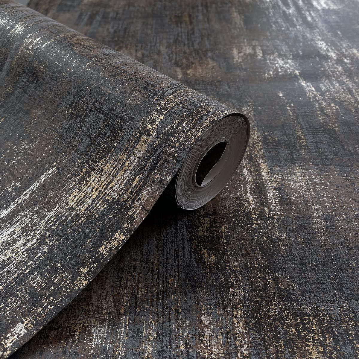 Charcoal and Gold Distressed Industrial Metallic Wallpaper Roll