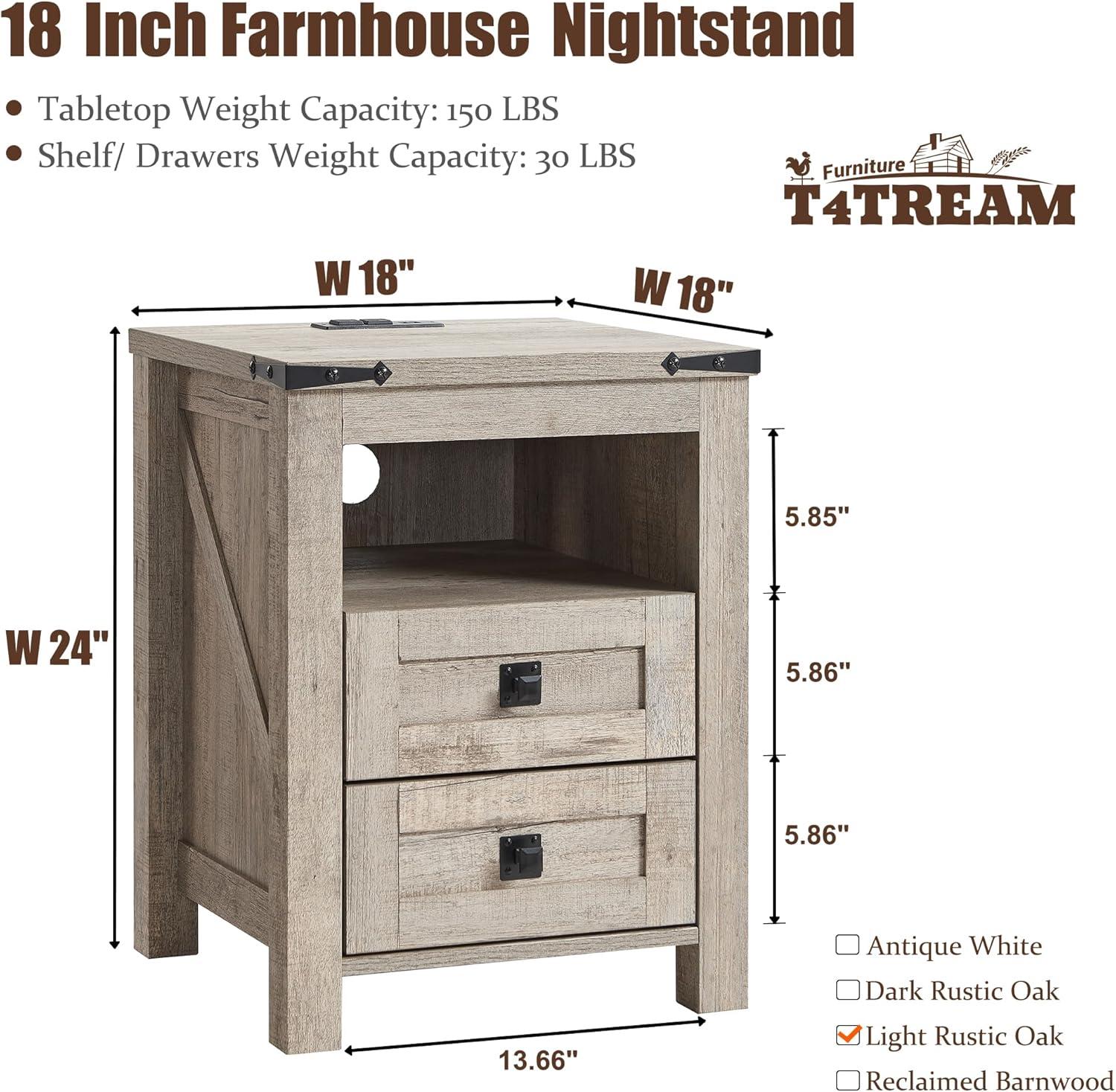 Light Rustic Oak 2-Drawer Farmhouse Nightstand with Charging Station