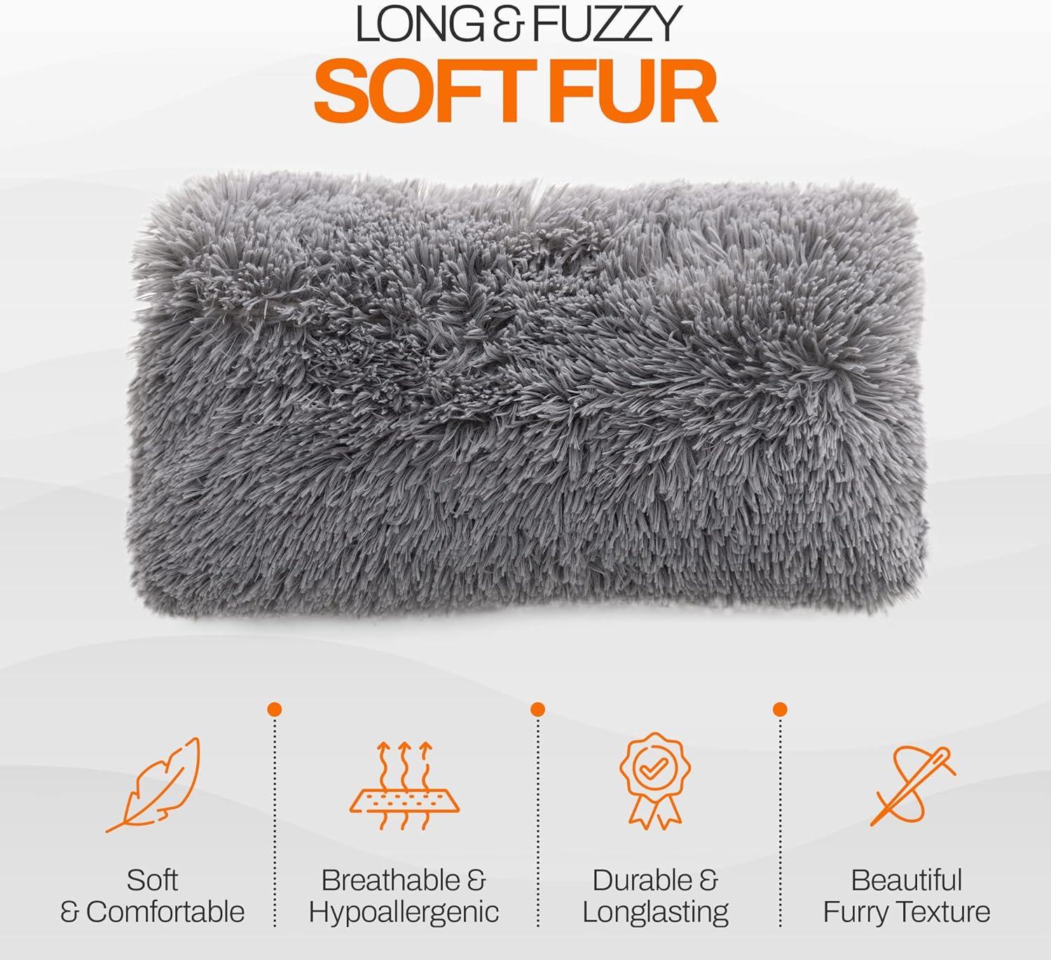 Cheer Collection Super Soft Shaggy Long Hair Throw Pillows Set of 2 - Silver (12" x 20")