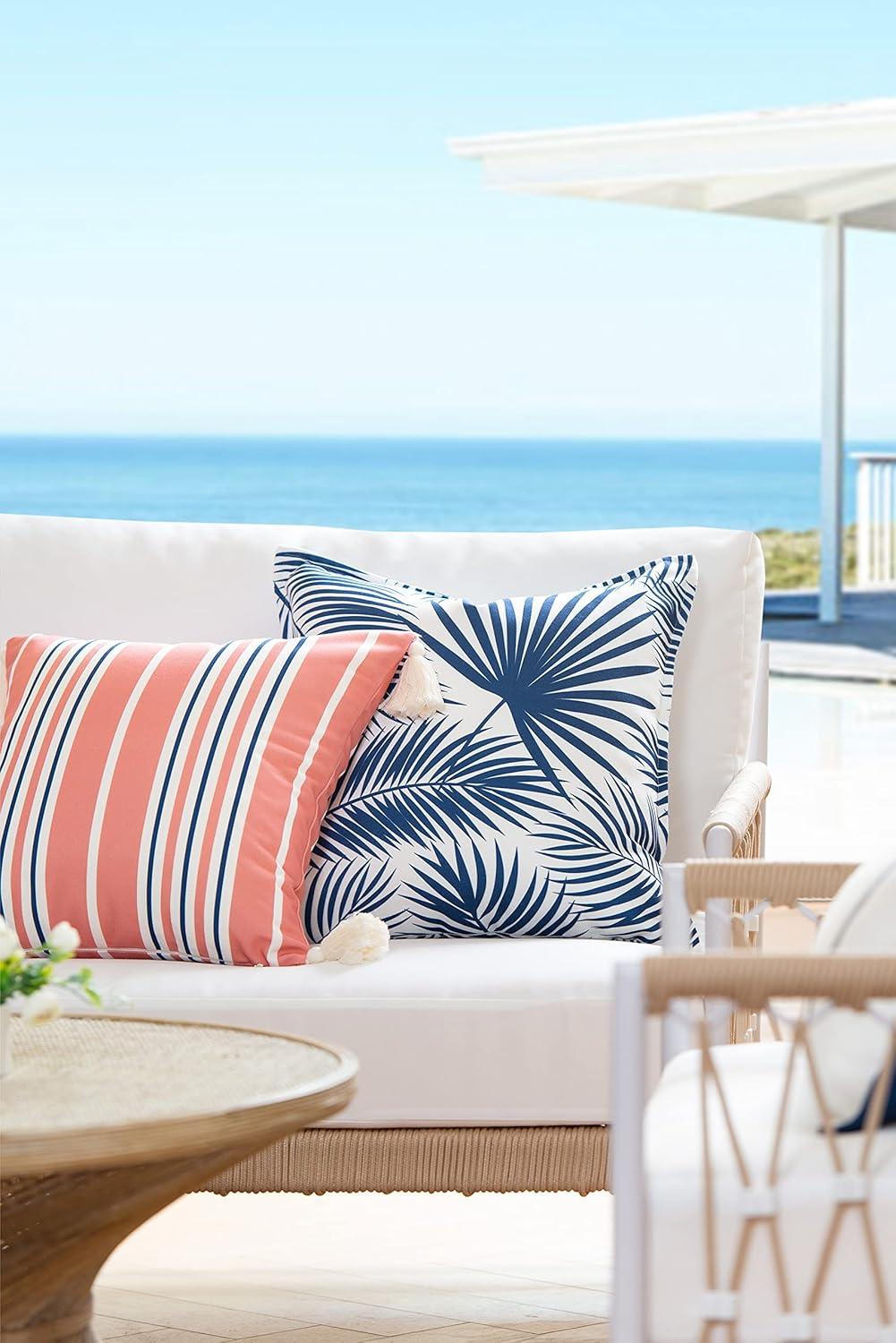 Hofdeco Premium Coastal Patio Indoor Outdoor Throw Pillow Cover Only, 18"x18" Water Resistant for Backyard, Couch, Coral Pink Navy Blue Stripe Tassel